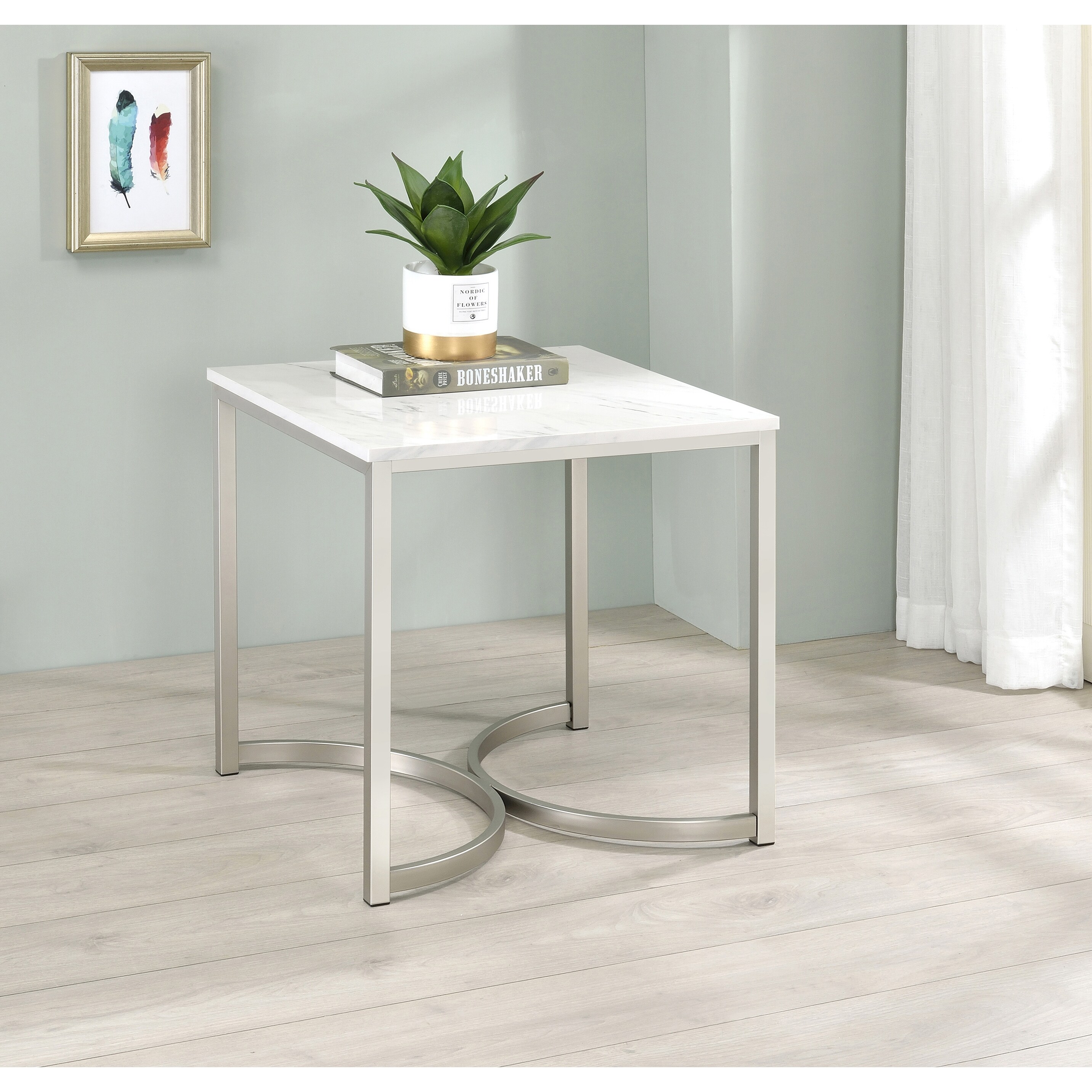 Coaster Furniture Leona White and Satin Nickel Faux Marble Square End Table - Mycitystee