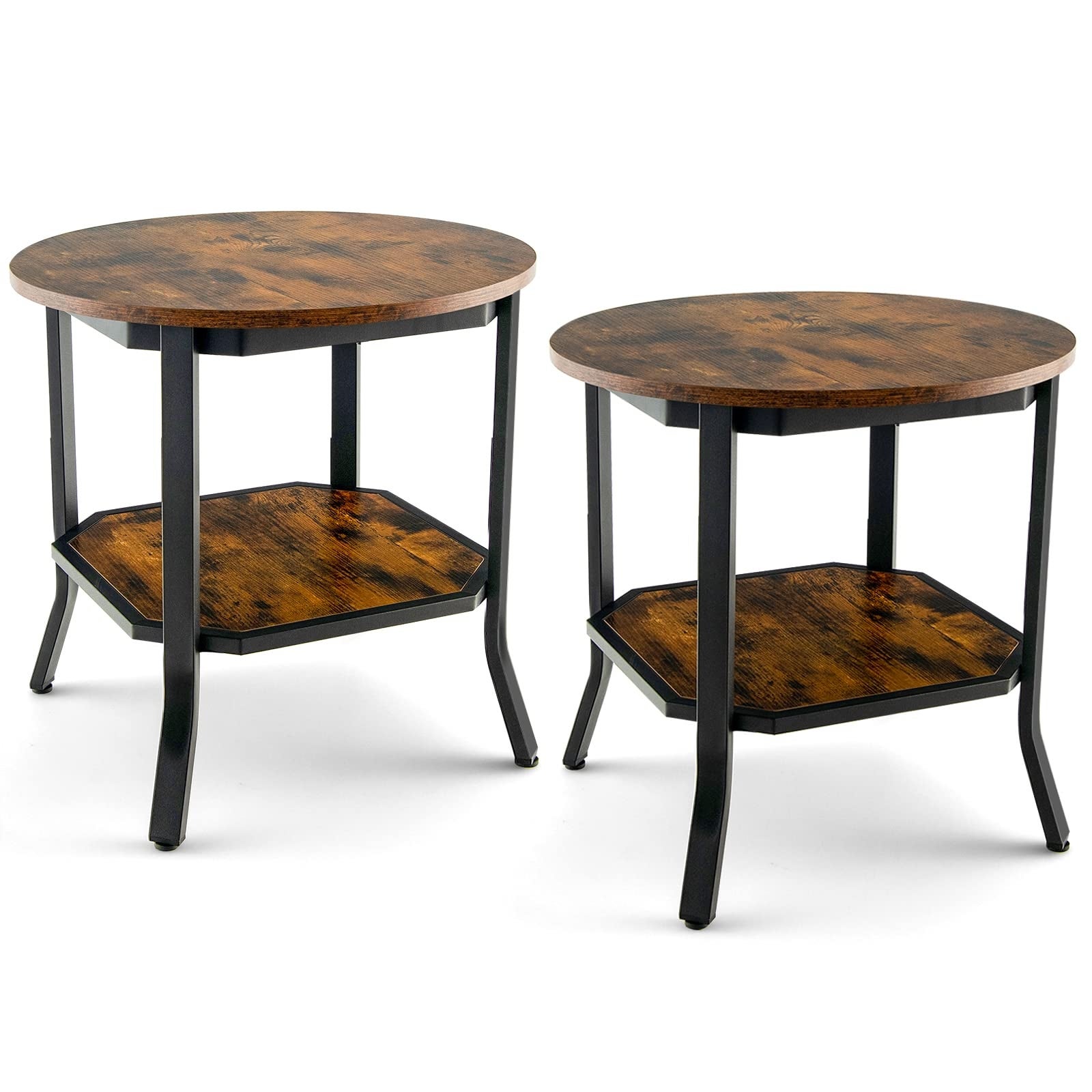 Round End Table， Set of 2 Nightstand w/Storage Shelf， Small Farmhouse Rustic Coffee Table w/Steel Frame and Wood Grain - Mycitystee