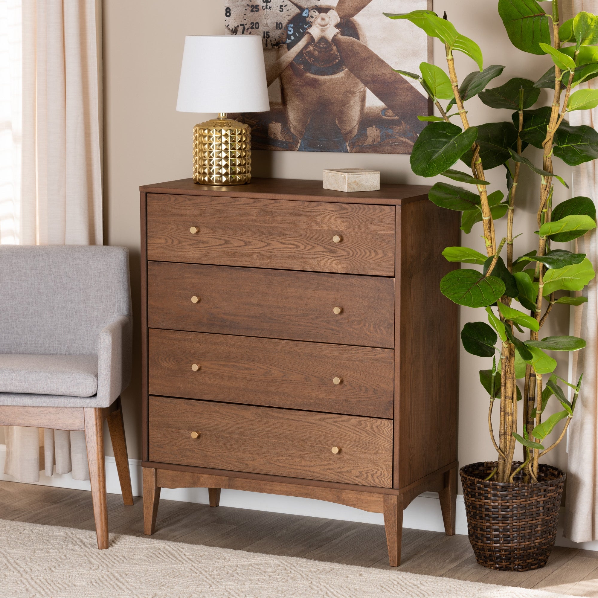 Landis Mid-Century Modern Ash Walnut Finished Wood 4-Drawer Chest - - 34446105 - Mycitystee