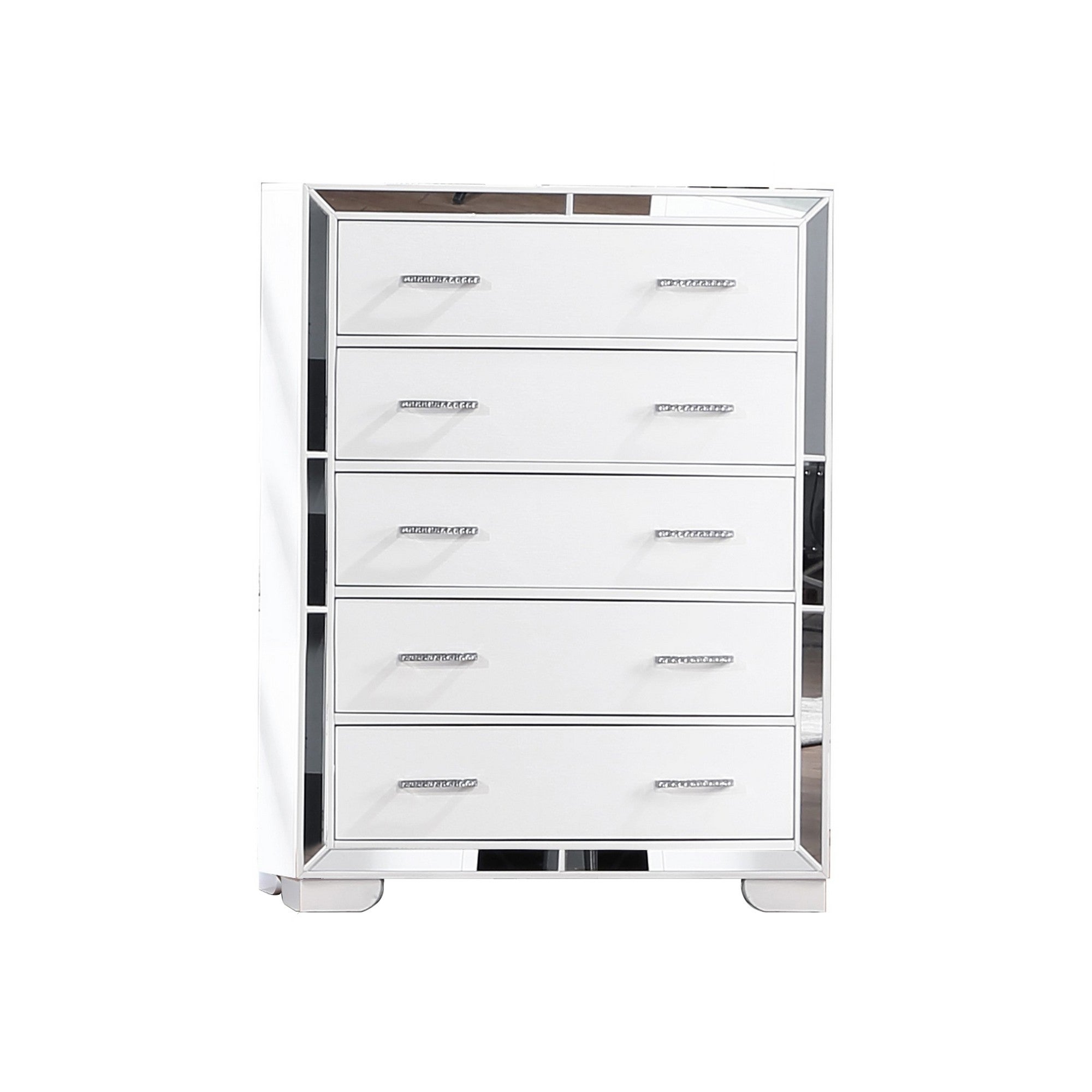 Koi 51 Inch Pine Wood Tall Dresser Chest， 5 Drawers， Mirror Trim， White - - 36907798 - Mycitystee