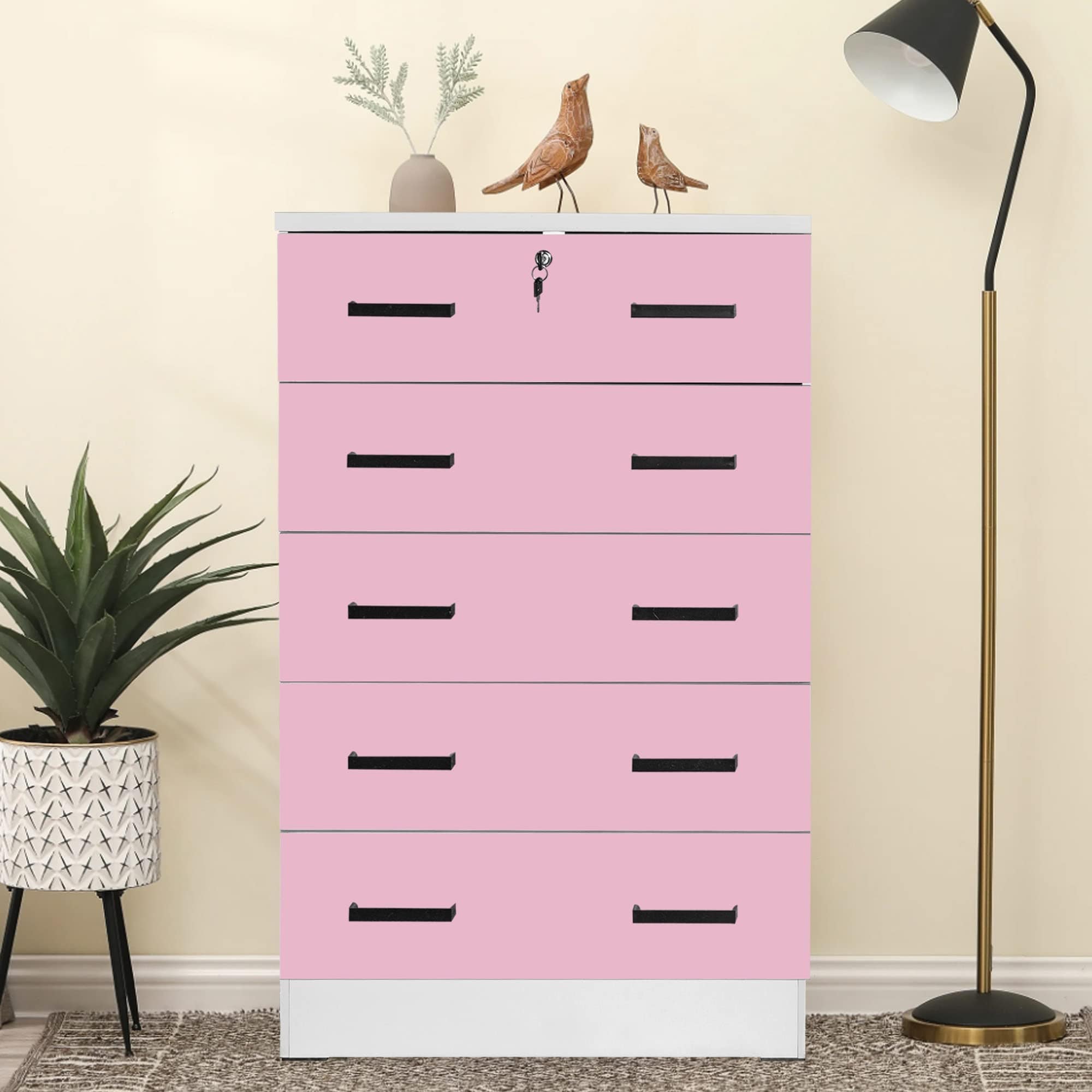 Home Products Cindy Wooden 5 Drawer Chest Bedroom Dresser (White and Pink， WC5) - as picture - - 37668949 - Mycitystee