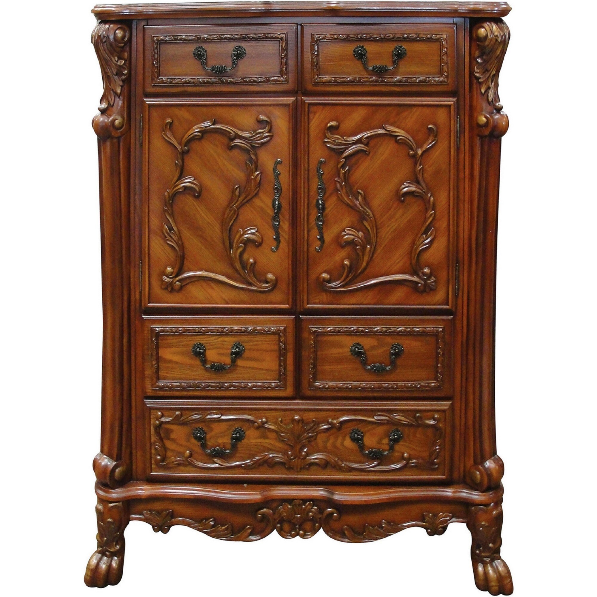 Imperial Style Wooden Chest with 5 Drawers and 2 Door Cabinets， Cherry Oak Brown - - 22882123 - Mycitystee