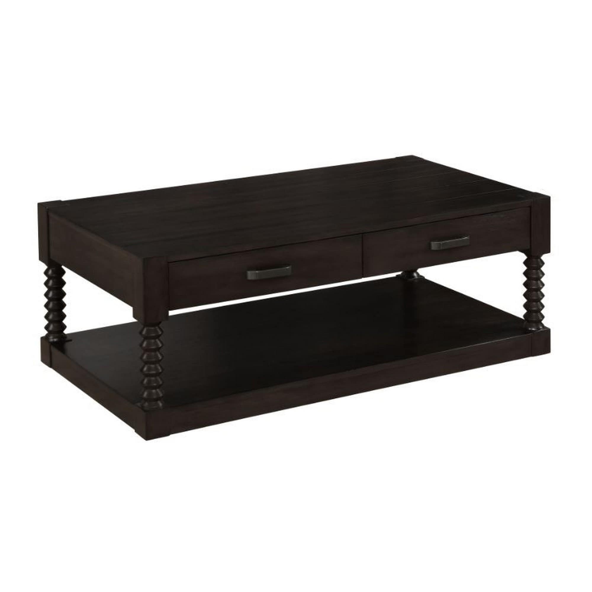 Mika 48 Inch Classic 2 Drawer Coffee Table with Shelf， Spindle Posts， Brown - Mycitystee