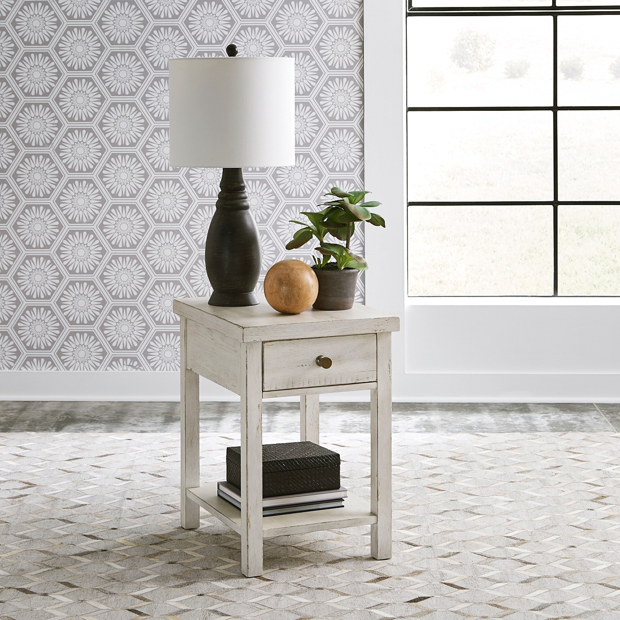 Modern Farmhouse Flea Market White Distressed Drawer Chair Side Table - Mycitystee