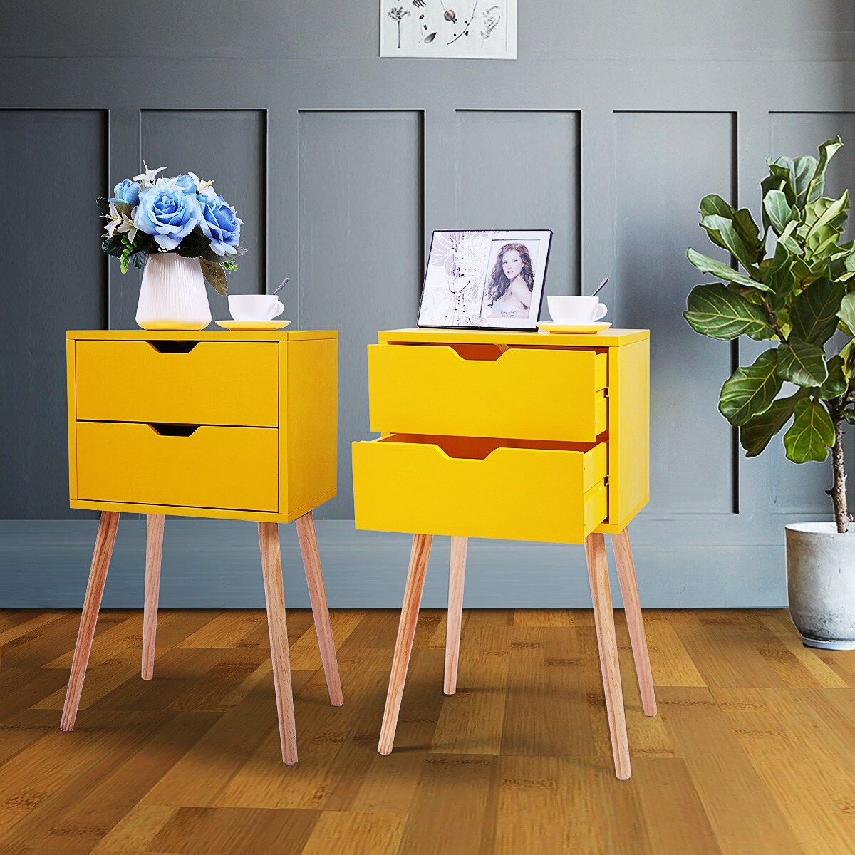 Mid-Century Nightstand with 2 Sliding Drawers， Wood Sofa Side Table， Modern End Table for iving Room Bedroom， Set of 2 - Mycitystee