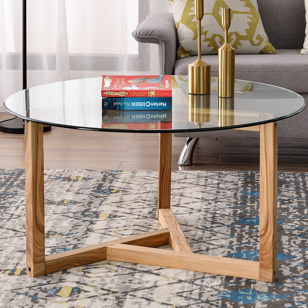 Round Glass Coffee Table Cocktail Table with Tempered Glass Top - Mycitystee