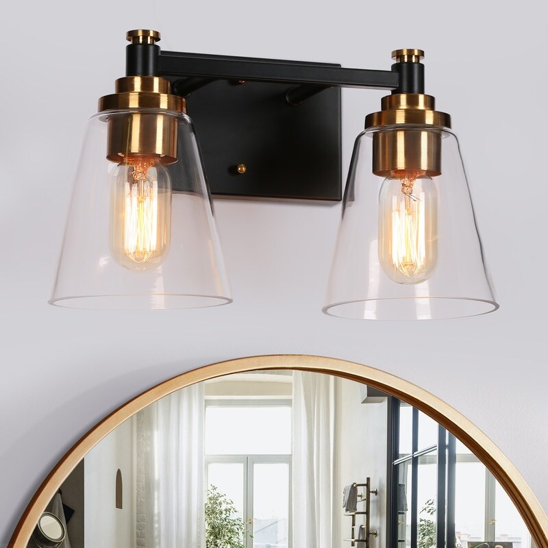 Modern 2-Light Black Gold Bathroom Vanity Light Glass Wall Sconces - 13