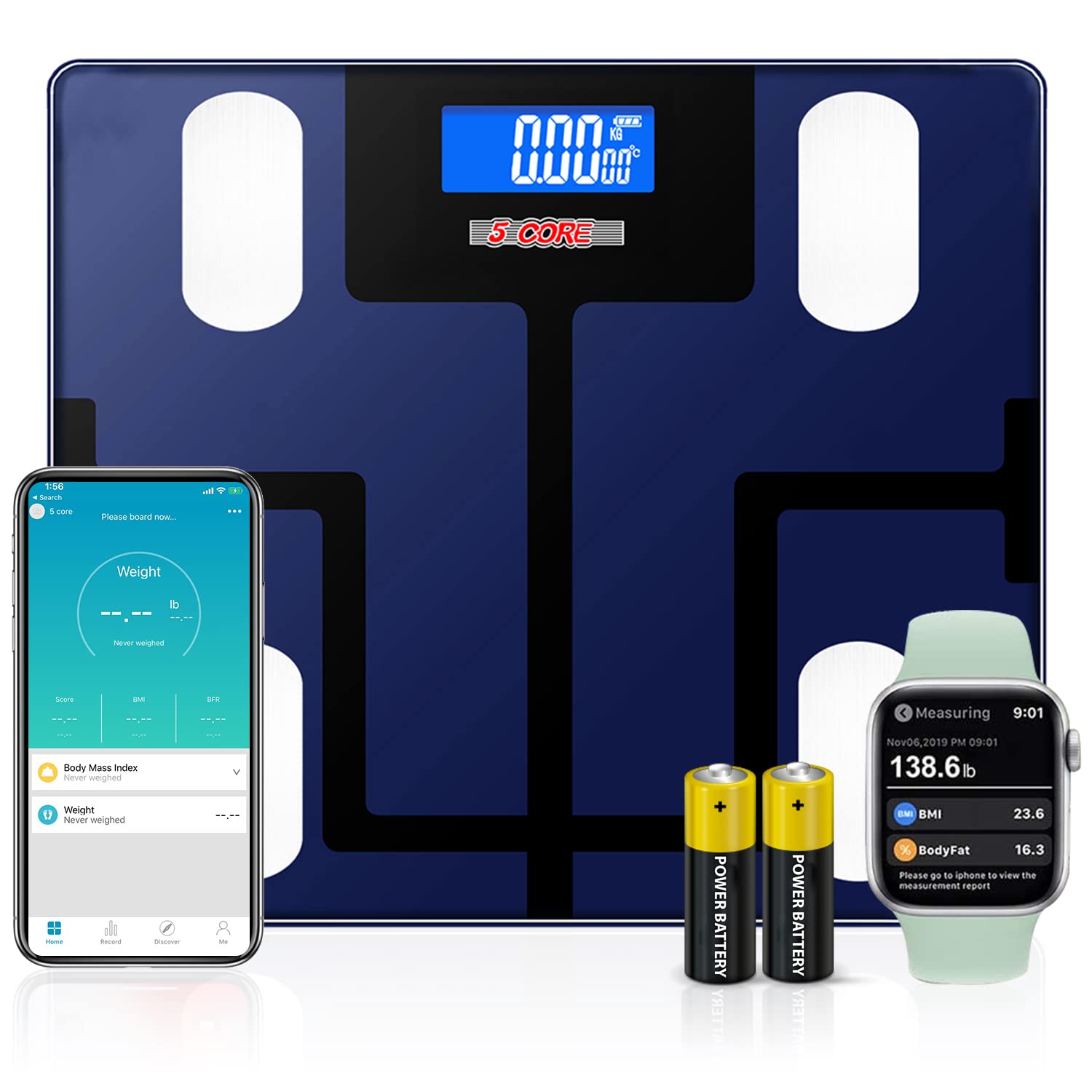 5 Core Smart Digital Bathroom Weighing Scale with Body Fat and Water Weight for People, Bluetooth BMI Electronic Body Analyzer Machine, 400 lbs. BBS V - Mycitystee