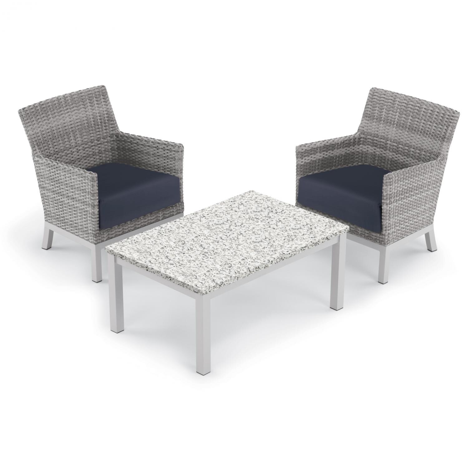 Argento 3 Piece Wicker Patio Conversation Set W/ Lite-Core Ash Coffee Table and Midnight Blue Cushions By Oxford Garden - Mycitystee