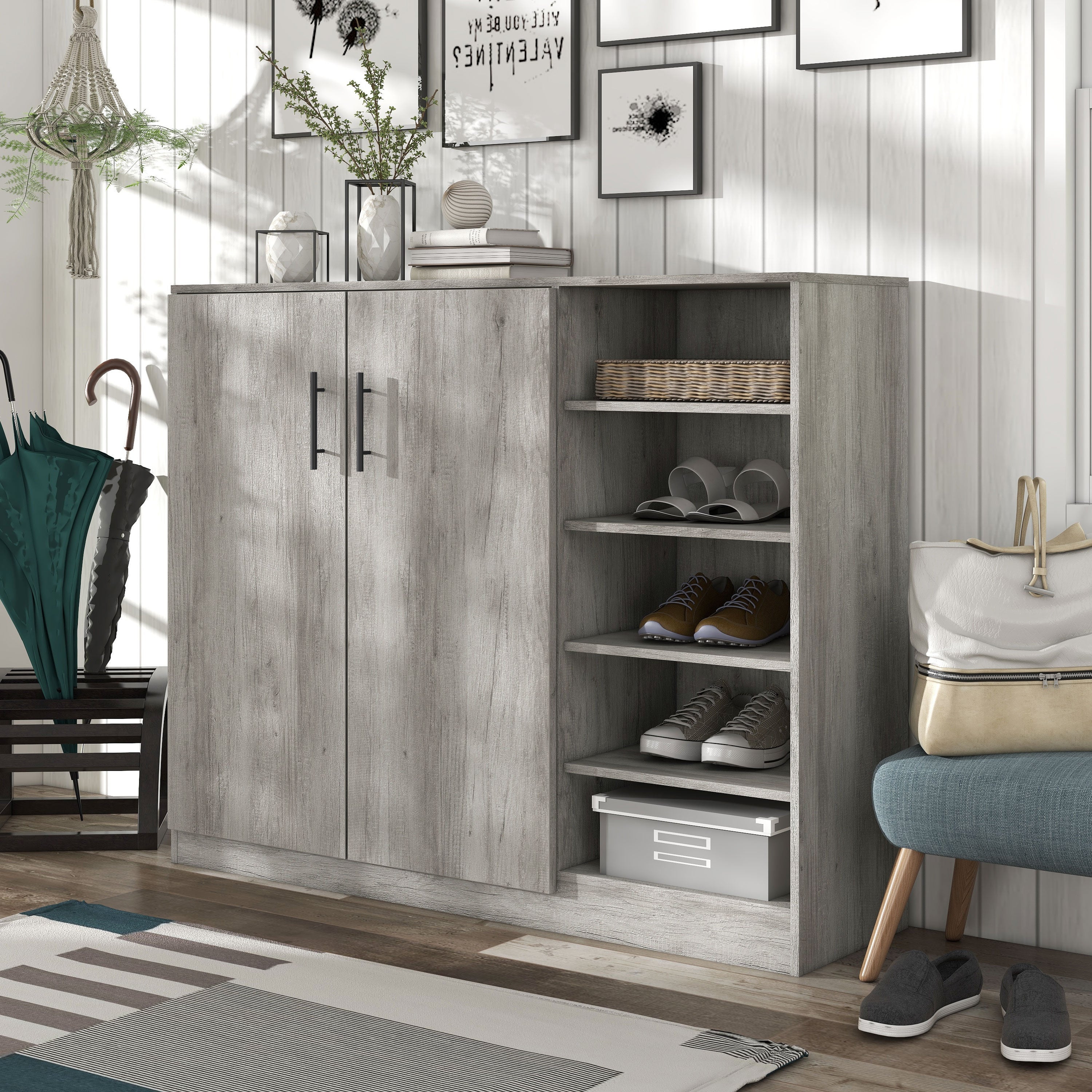 DH BASIC Farmhouse Vintage Grey Oak Shoe Storage Cabinet by Denhour - - 33897207 - Mycitystee