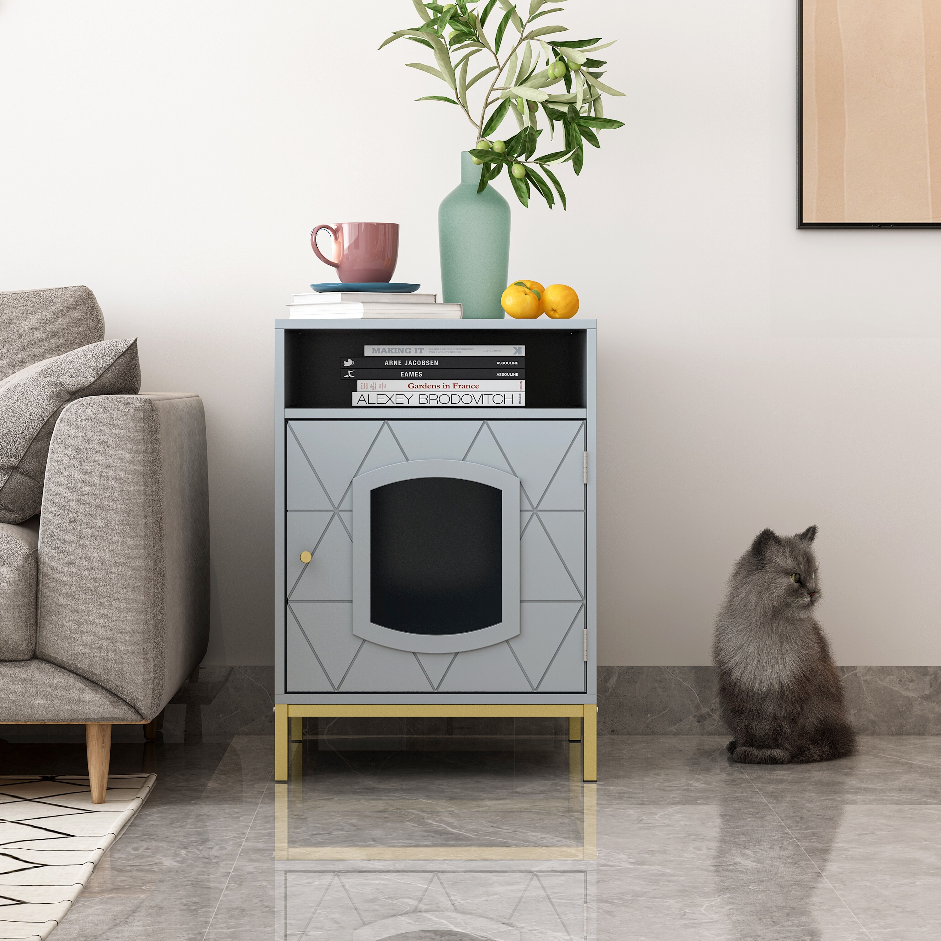 Indoor Pet Crate， Wooden Enclosure Small Kitty House， Cat Litter Box with Shelf and Anti-Chew， Dog Kennel， Nightstand End Table - Mycitystee