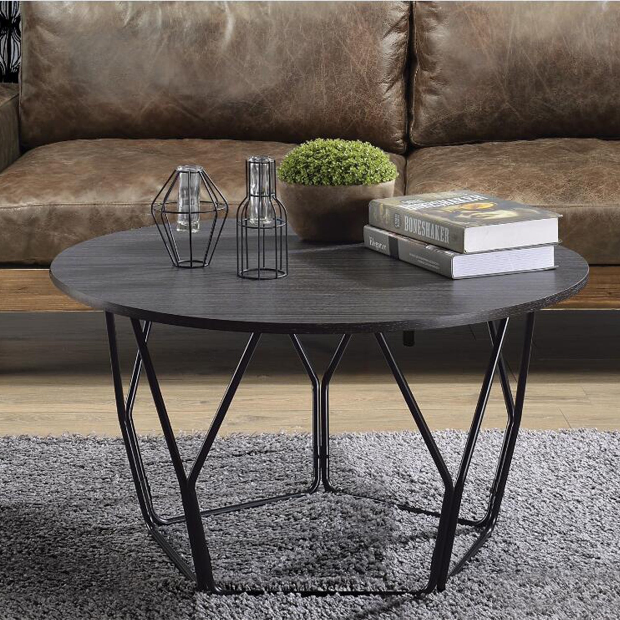 Wood Round Coffee Table With Metal Frame in Black - Mycitystee