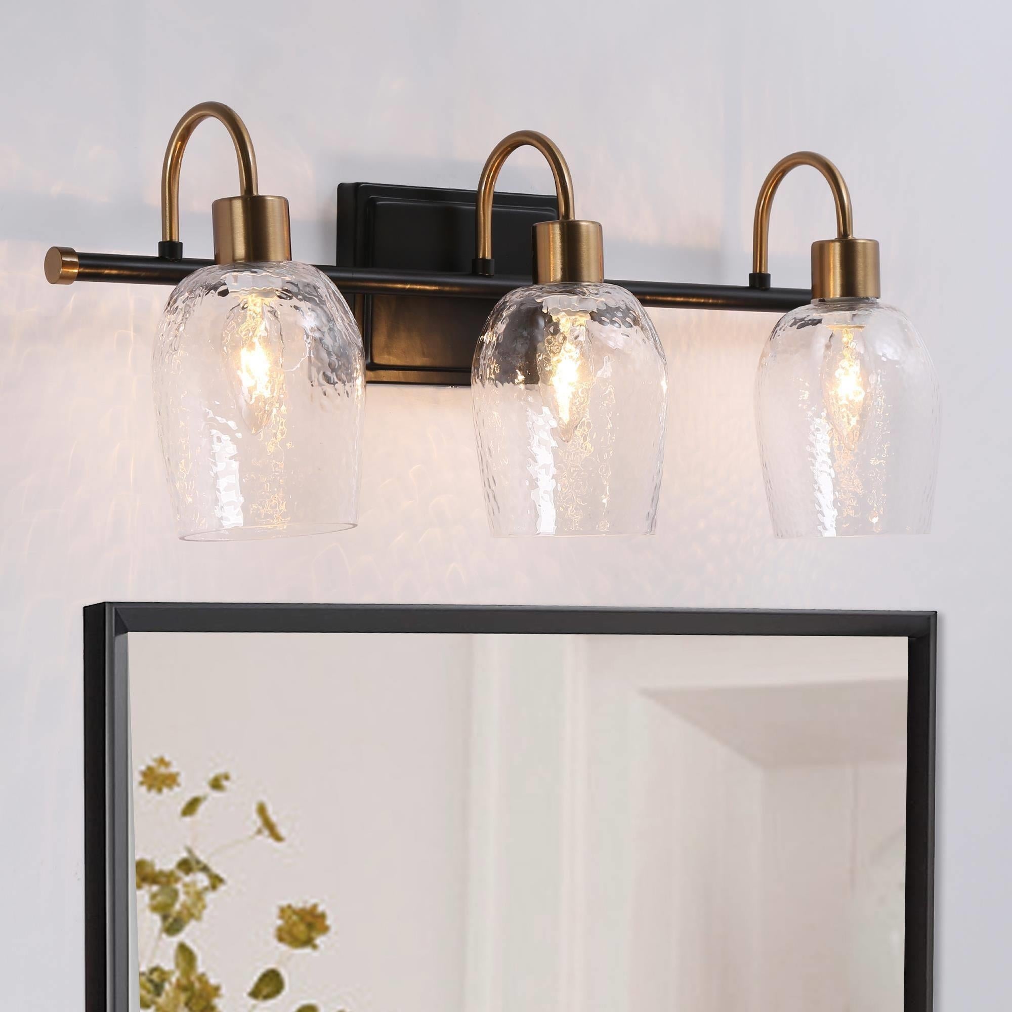 Modern 3-Light Black Gold Linear Bathroom Vanity Lights Glass Wall Sconces - Mycitystee