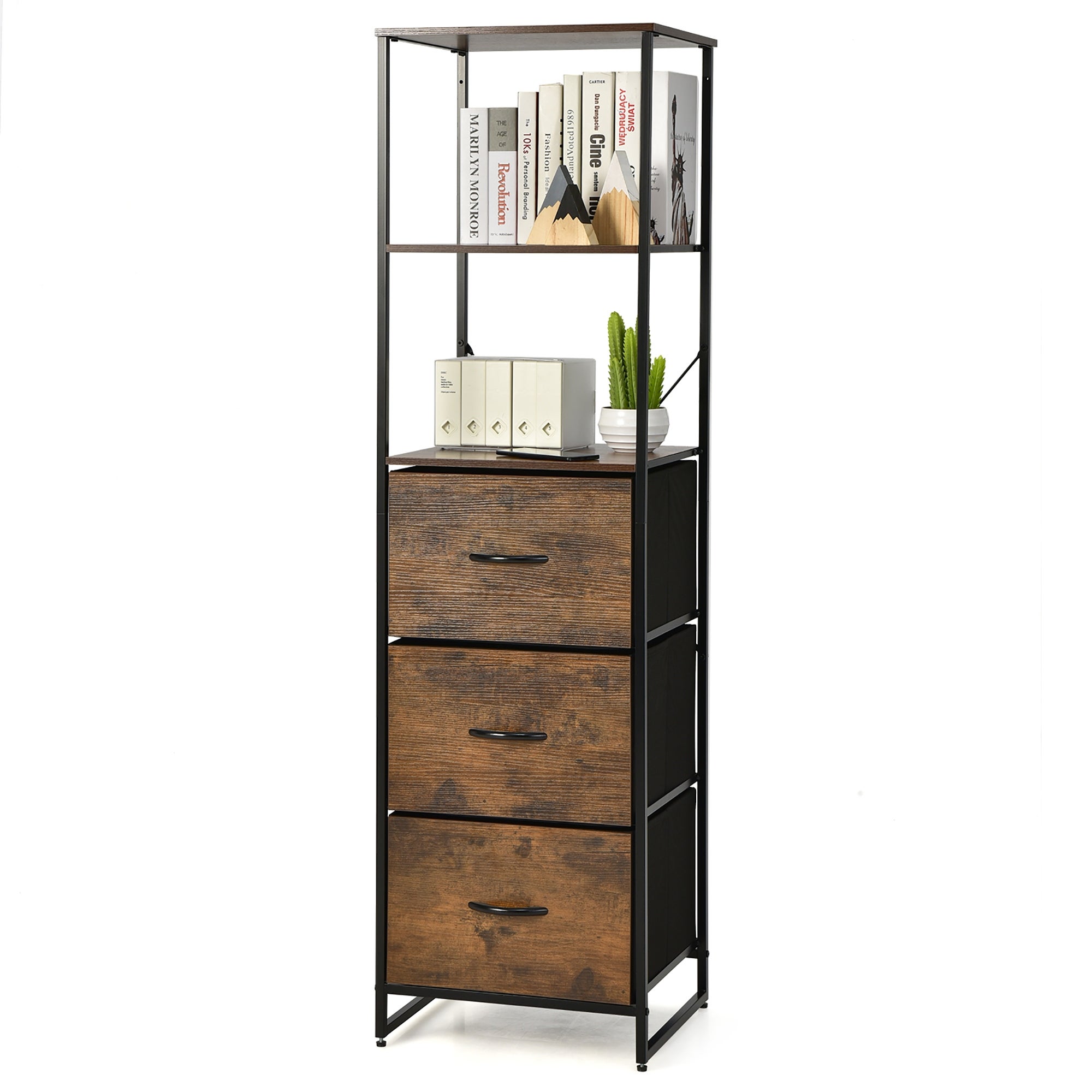 Costway Vertical 3 Drawer Dresser w/ 3 Shelves Tall Storage Tower - - 36012334 - Mycitystee