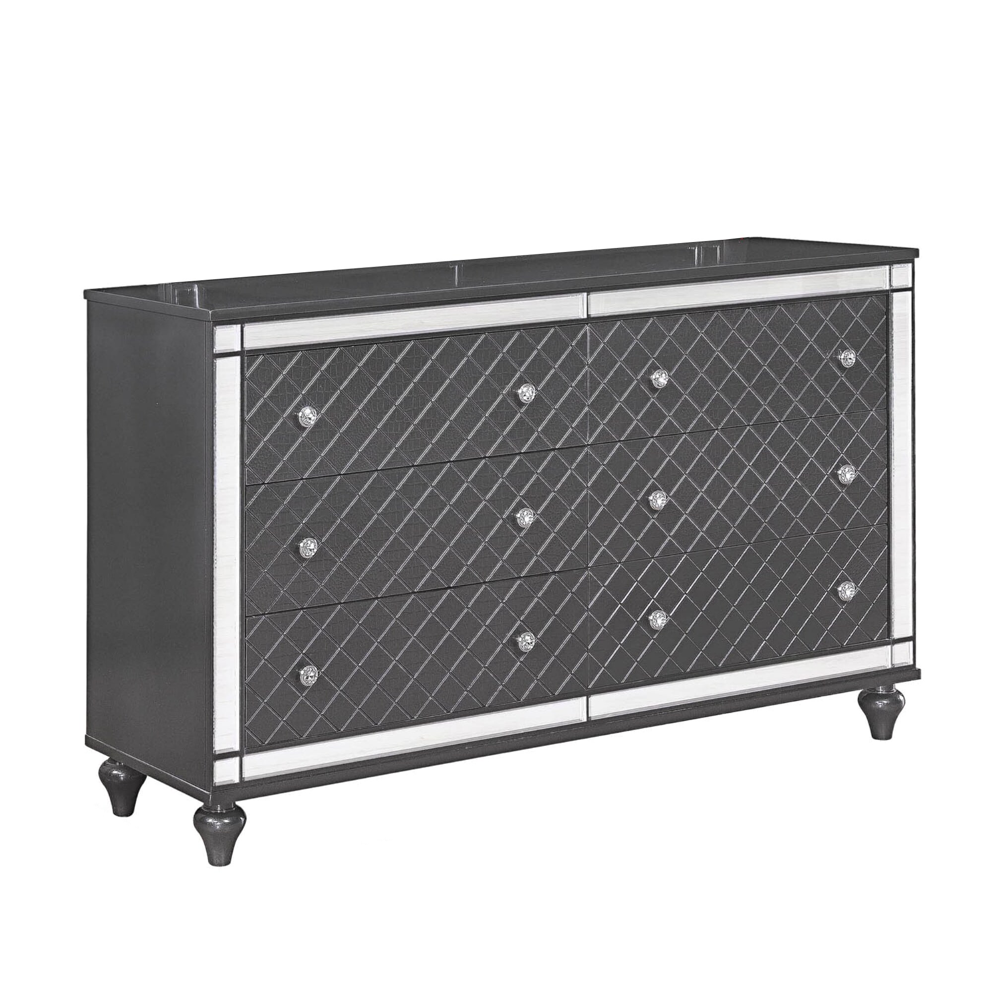 Wooden Six Drawer Dresser with Mirror Accents and Turned Feet， Gray - - 31269438 - Mycitystee