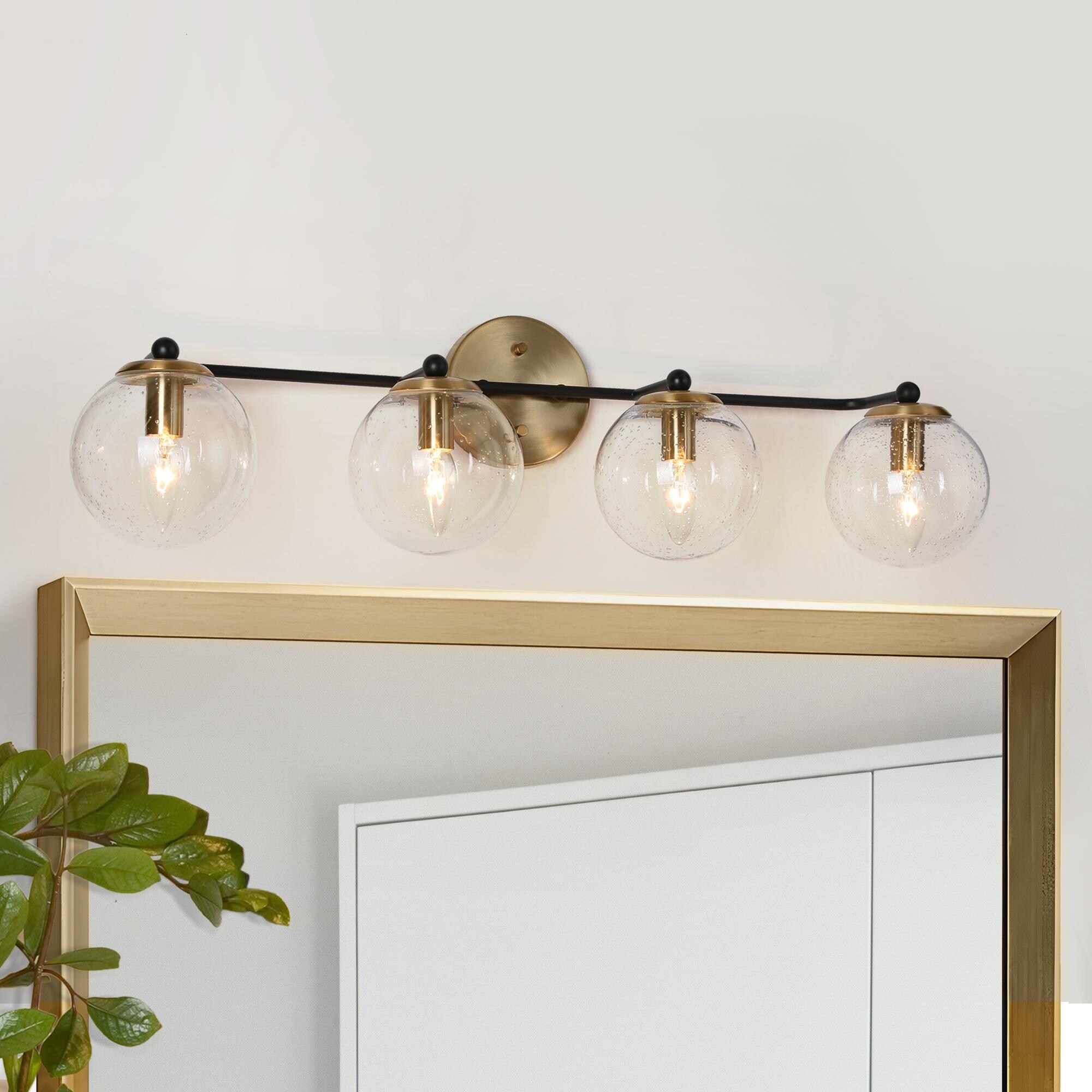 Modern 4-Light Black Gold Bathroom Vanity Lights with Globe Glass Shade - 30