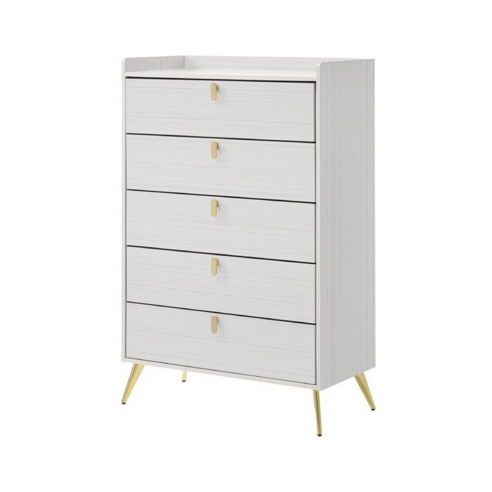 50 Inch Wood Tall Dresser Chest， 5 Drawers， Metal Handles - White and Gold - - 36534715 - Mycitystee