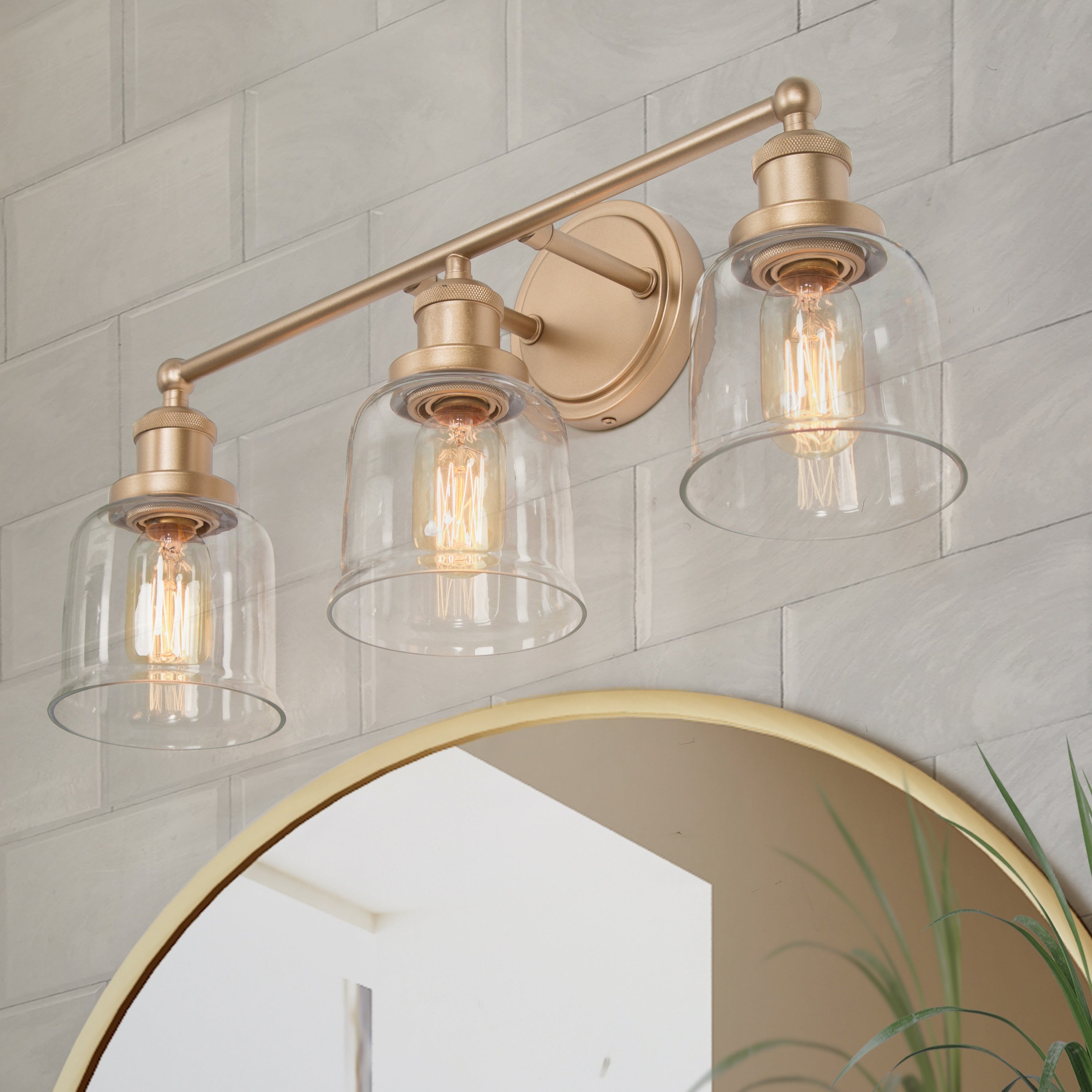 Cionar Mid-century Modern Gold 3-Light Dimmable Bathroom Vanity Lights with Clear Bell Glass for Powder Room - Mycitystee