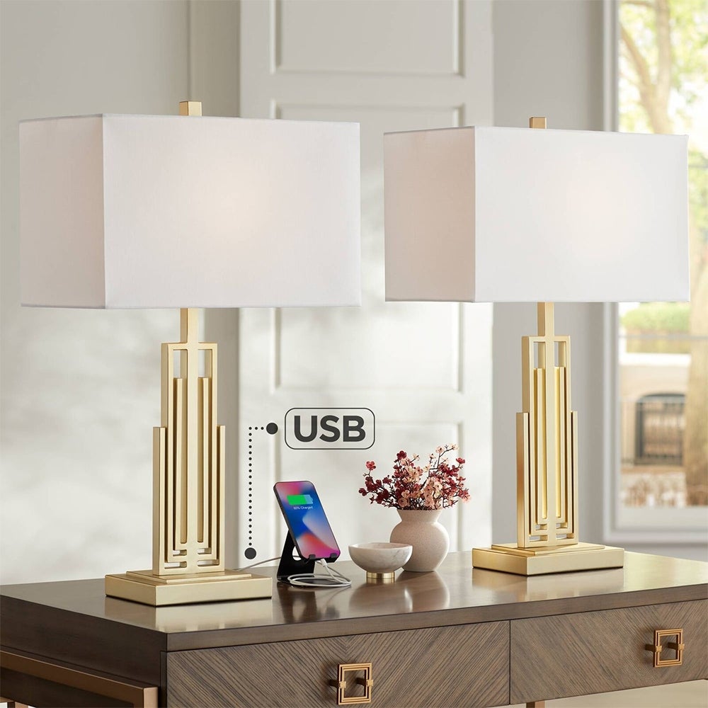 Set of 2 Art Deco Table Lamps with USB Ports Gold Metal White Shade - 18