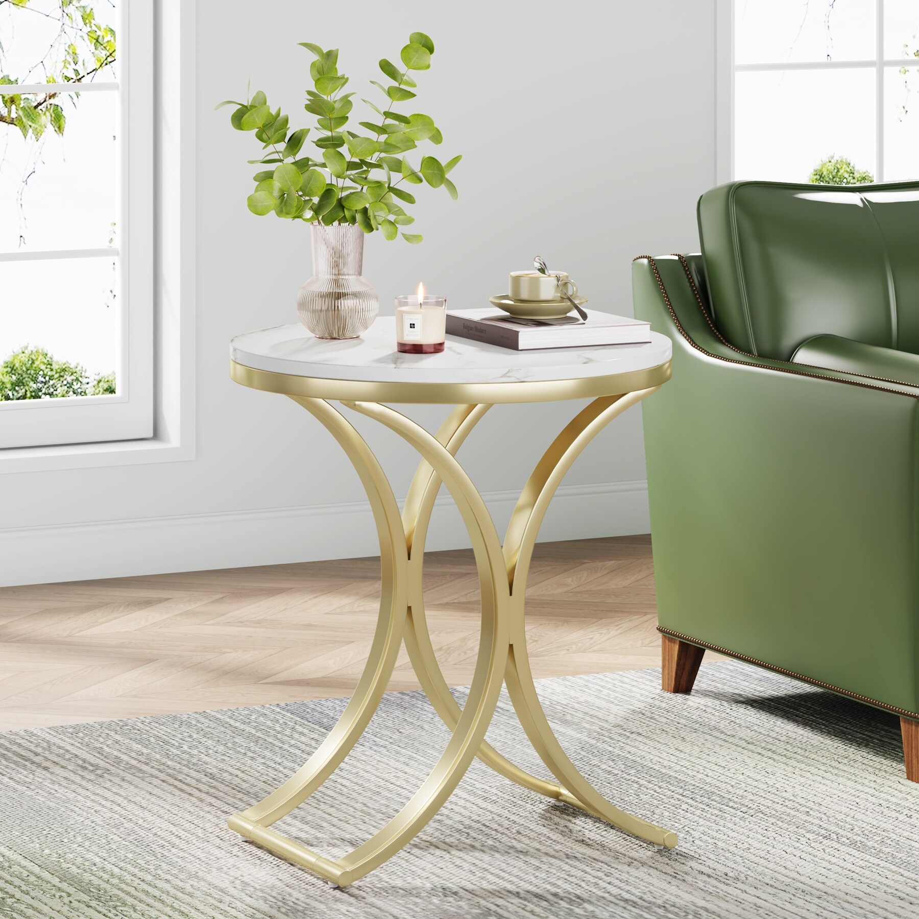 White Gold Side Table Round End Table Modern Small Coffee Table - Mycitystee