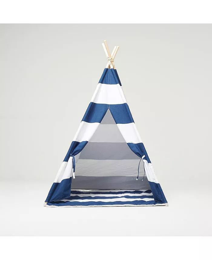 RocketBaby Cotton Canvas Teepee Play Tent with Soft Carpet White and Blue Stripes - Mycitystee