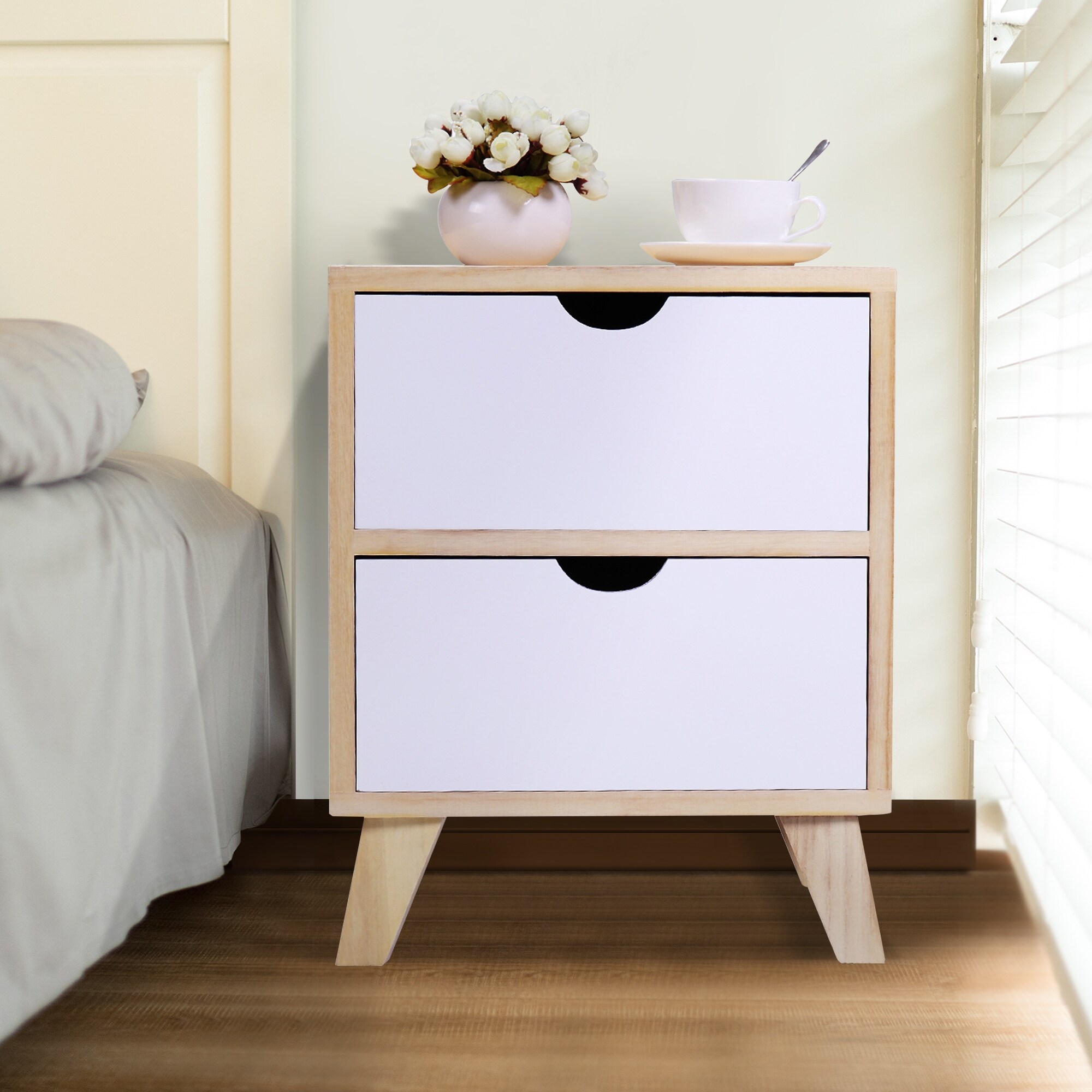Set of 2 Wooden Nightstand with Two Drawers， End Table with Tall Legs - Mycitystee