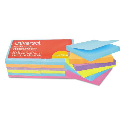 Universal Self-Stick Note Pads， 3 x 3， Assorted Bright Colors， 100-Sheet， 12/PK (35610) - Mycitystee