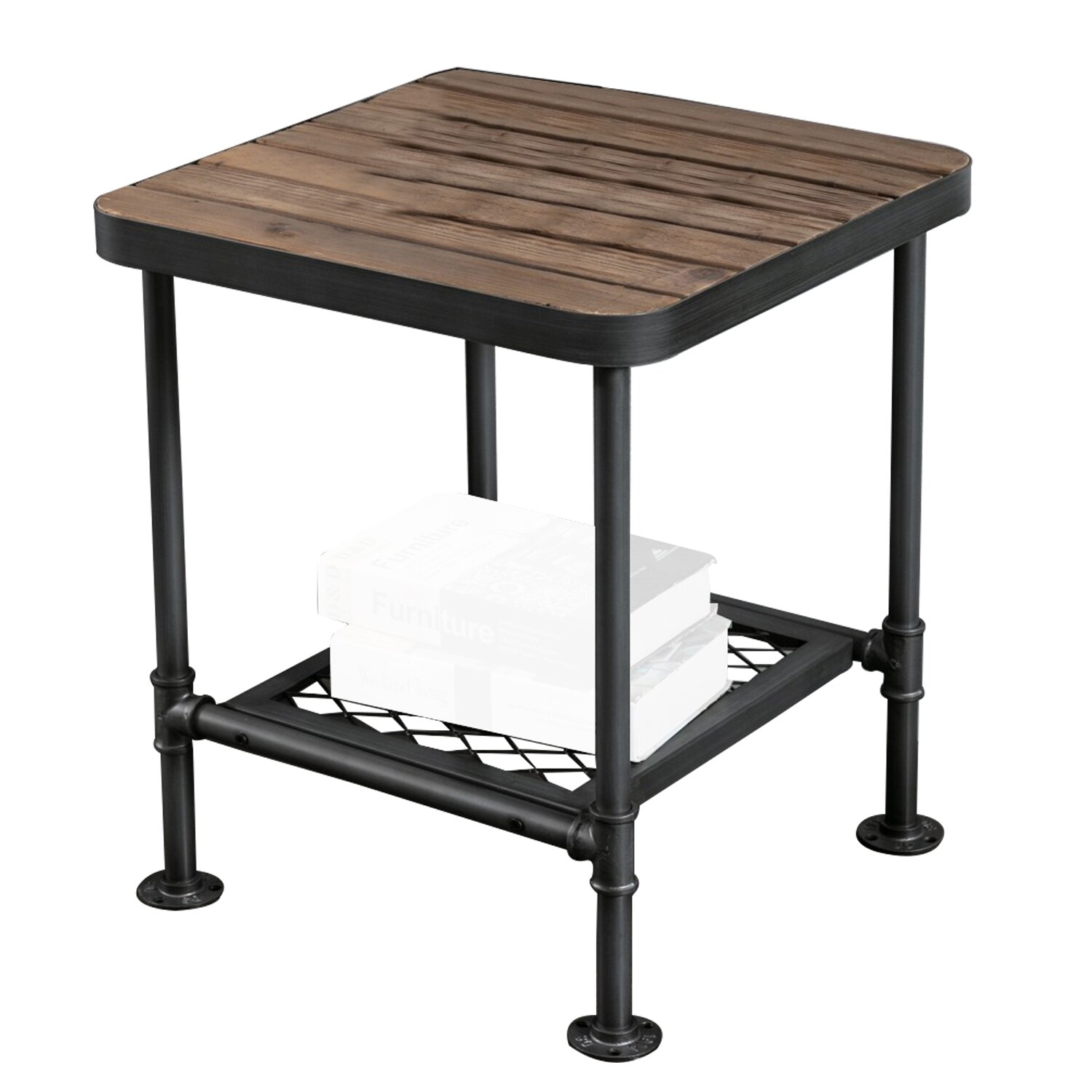 End Table with Plank Top and Mesh Shelf， Brown and Gray - Mycitystee