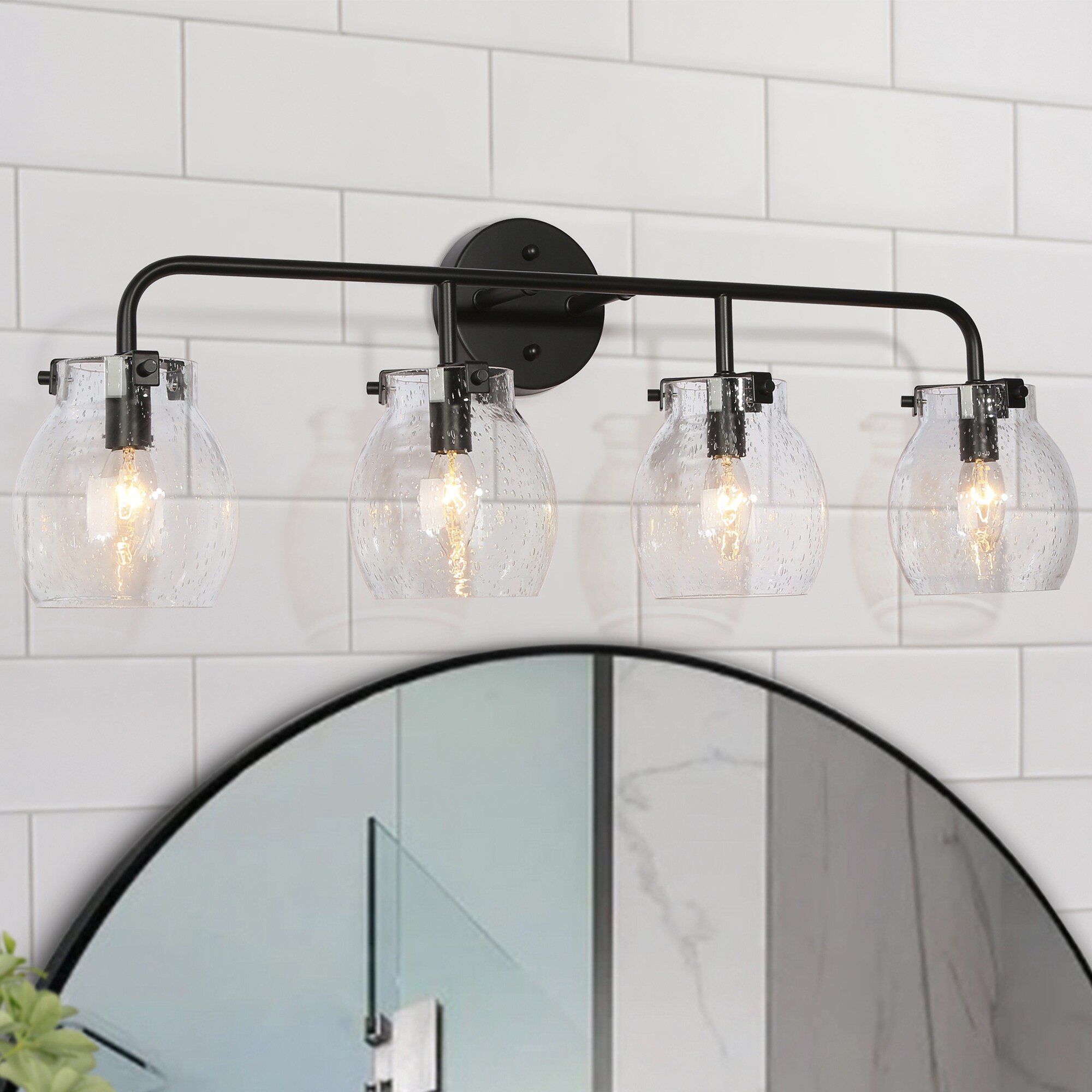 Olia Mid-Century Modern Black Linear Dimmable Bathroom Vanity Light Seeded Glass Wall Sconces - Mycitystee