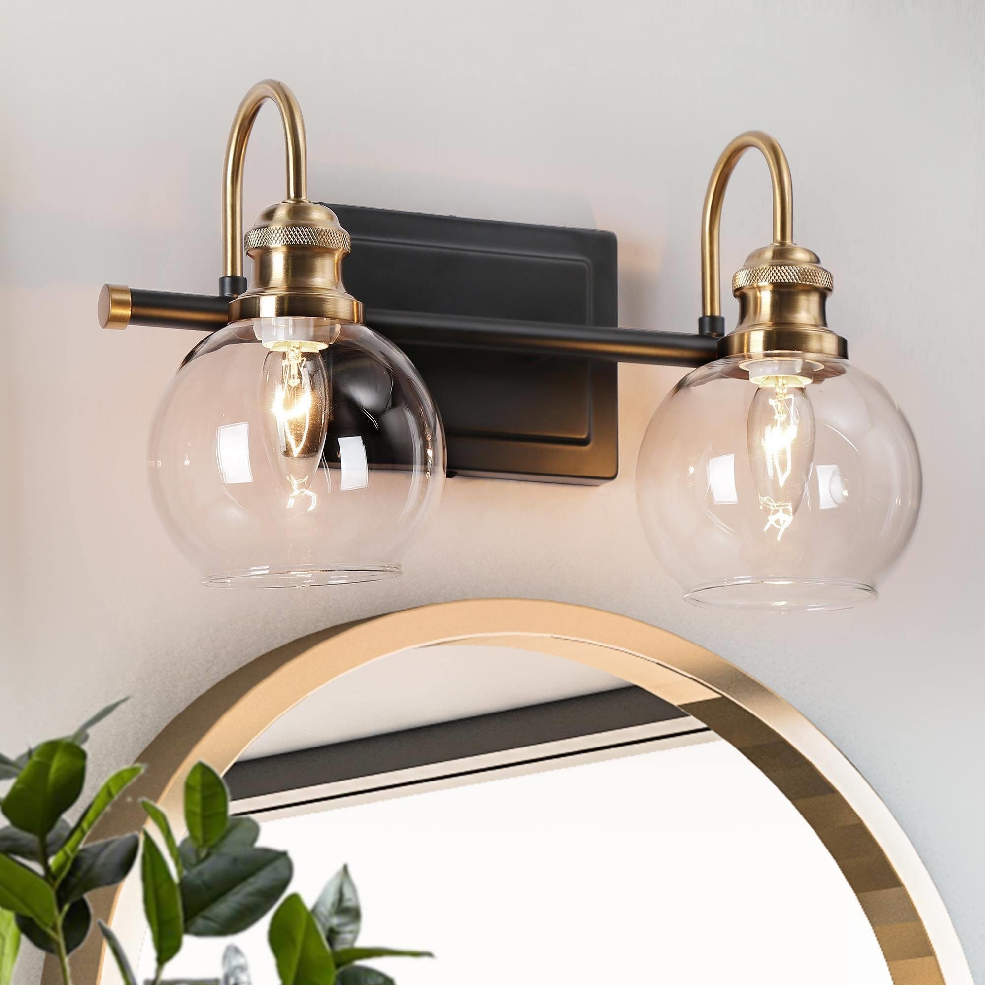 Modern 2-Light Black Gold Bathroom Vanity Lights Globe Glass Wall Sconce - 14.5