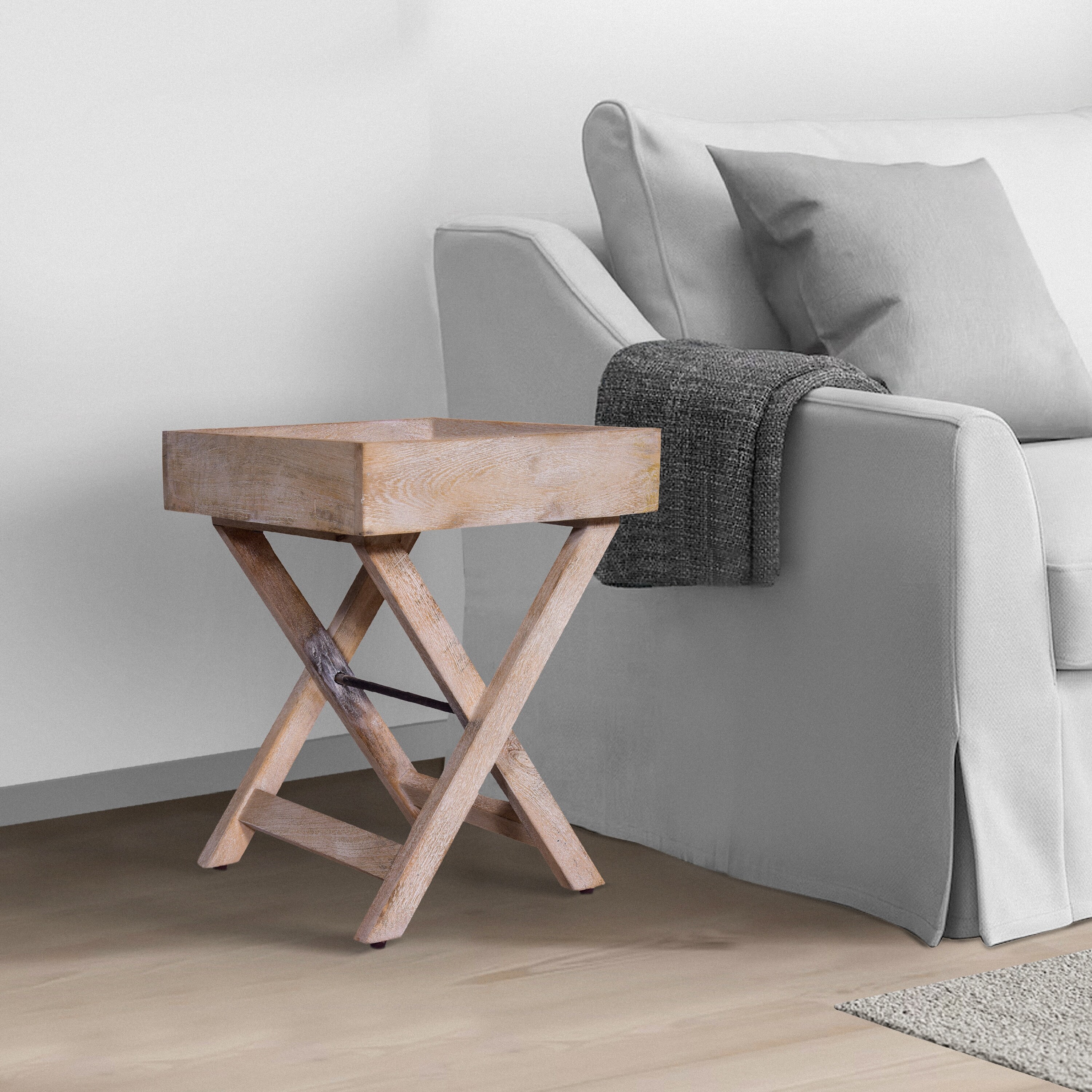 22 Inch Farmhouse Square Tray Top End Table， Mango Wood， X Shape Foldable Frame， Washed White - Mycitystee