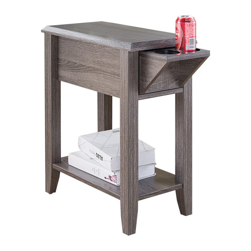 24 Inch Wood Chairside End Table， 1 Drawer， 2 Cupholders， Distressed Grey - 24 H x 11.5 W x 20 L Inches - Mycitystee