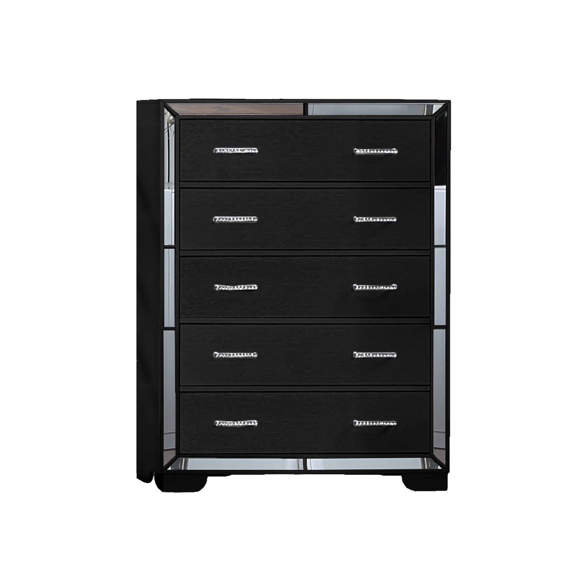 Koi 51 Inch Pine Wood Tall Dresser Chest， 5 Drawers， Mirror Trim， Black - - 36907737 - Mycitystee