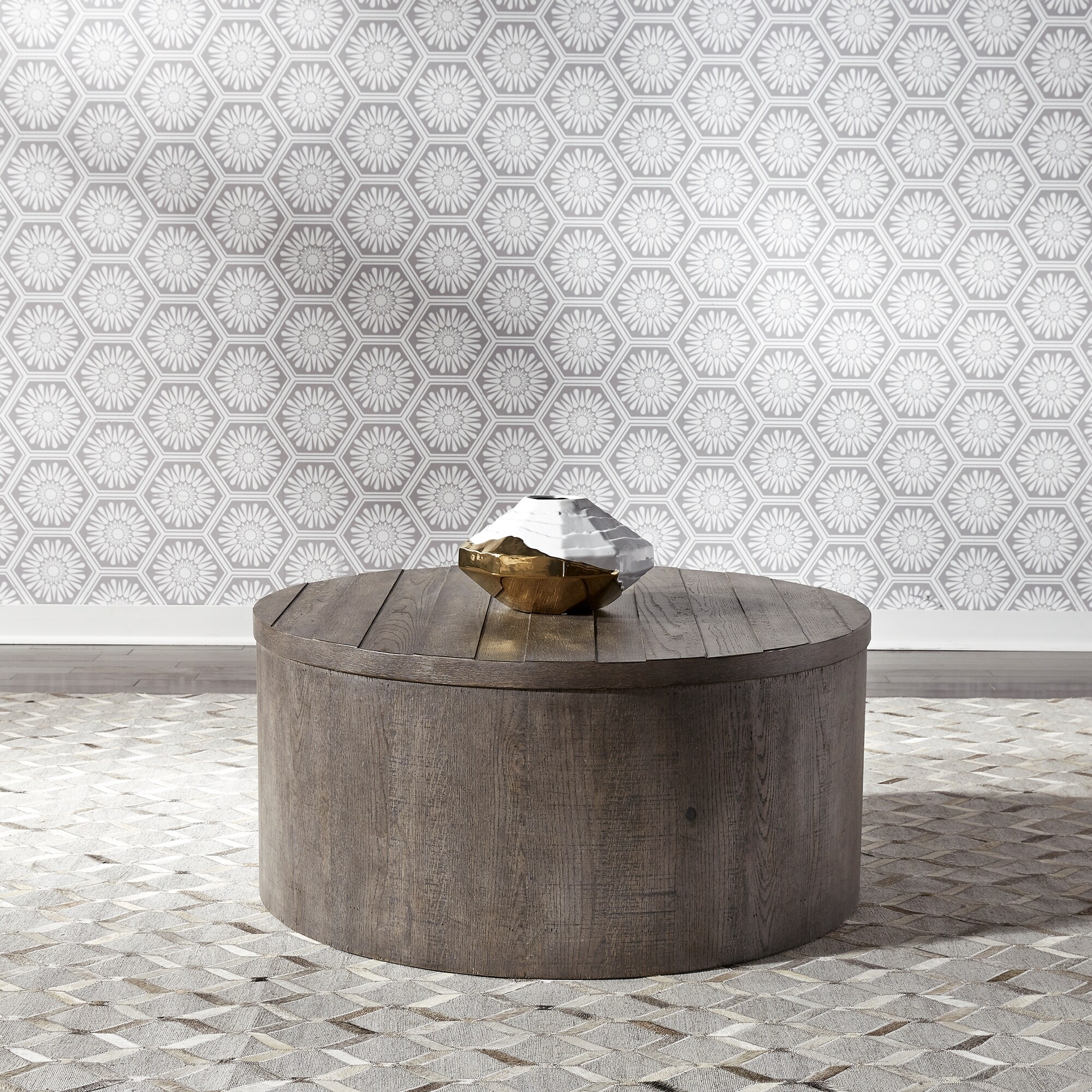 Modern Farmhouse Dusty Charcoal Distressed Drum Cocktail Table - Mycitystee