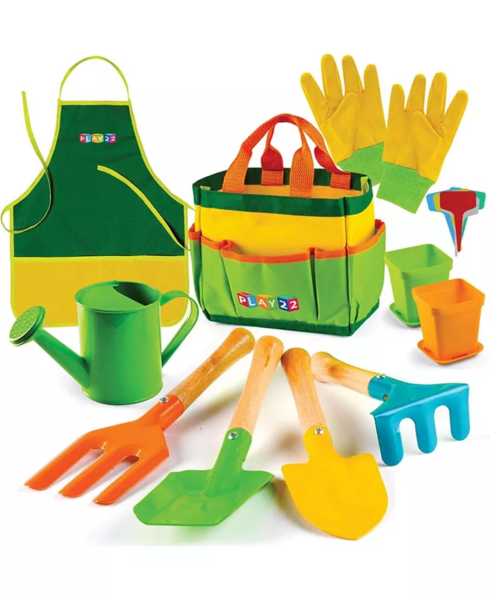 Play22usa Kids Toy Garden Tool Set 12-Piece - Shovel， Rake Fork Trowel Apron Gloves Watering Can and Tote Bag - Mycitystee