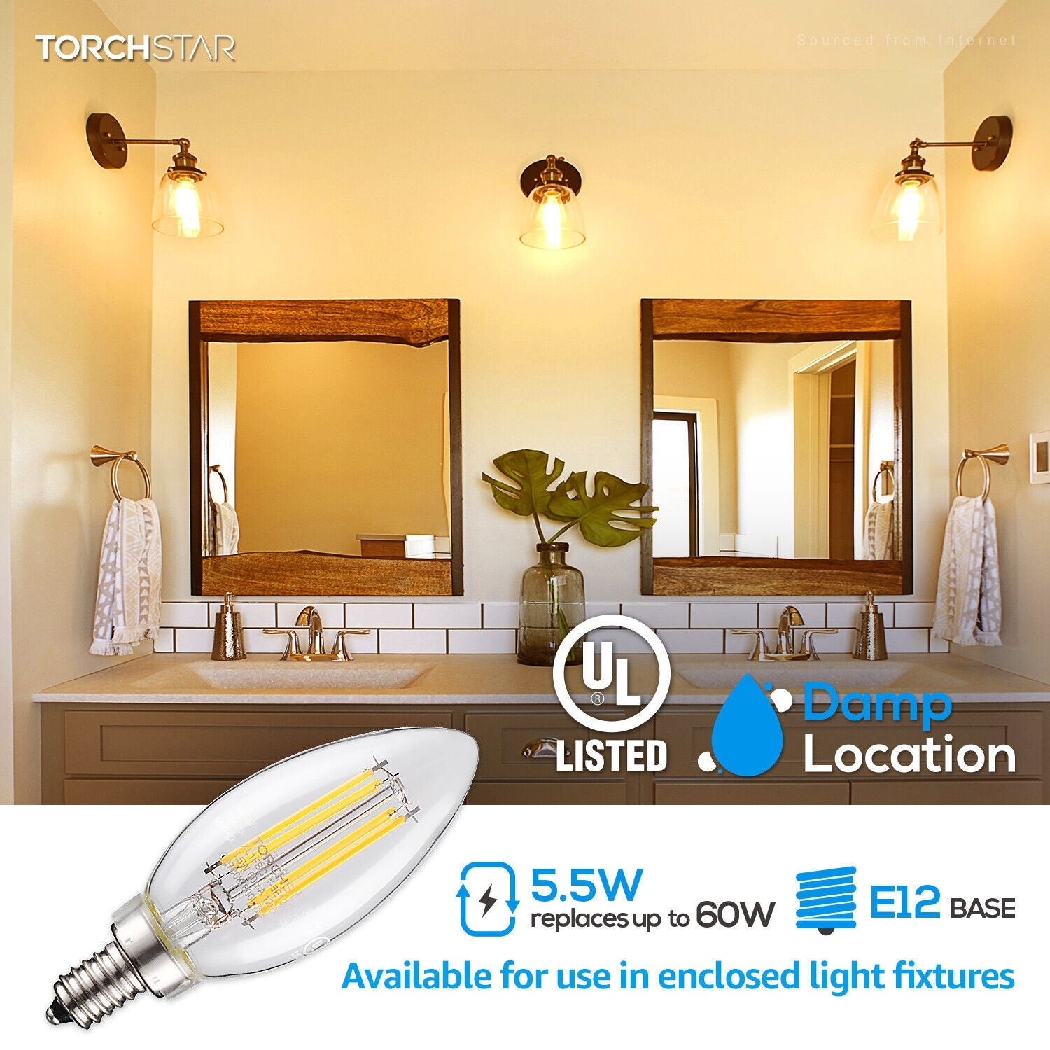 Clear Glass Filament Candle Bulbs， C11 Vintage Edison Chandelier Bulbs， 2700K - 12PACK - Mycitystee