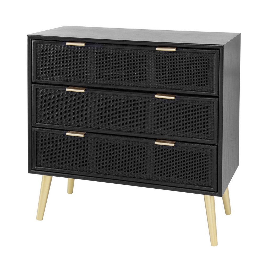31 Inch Dresser Chest Cabinet， 3 Drawers， Woven Rattan， Modern， Black， Gold - - 37854400 - Mycitystee