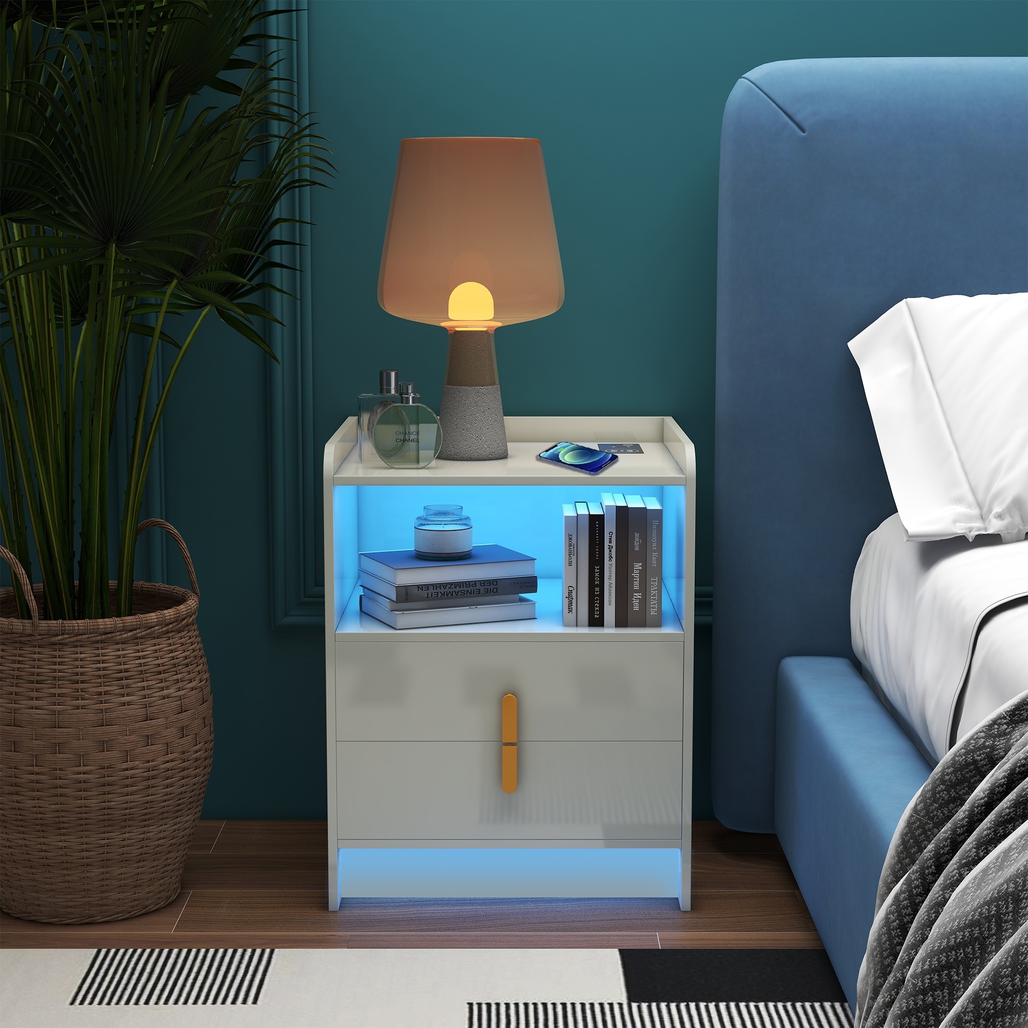 NeuType Black Nightstand with Wireless Charging Station， LED Nightstand for Bedroom - - 37229268 - Mycitystee