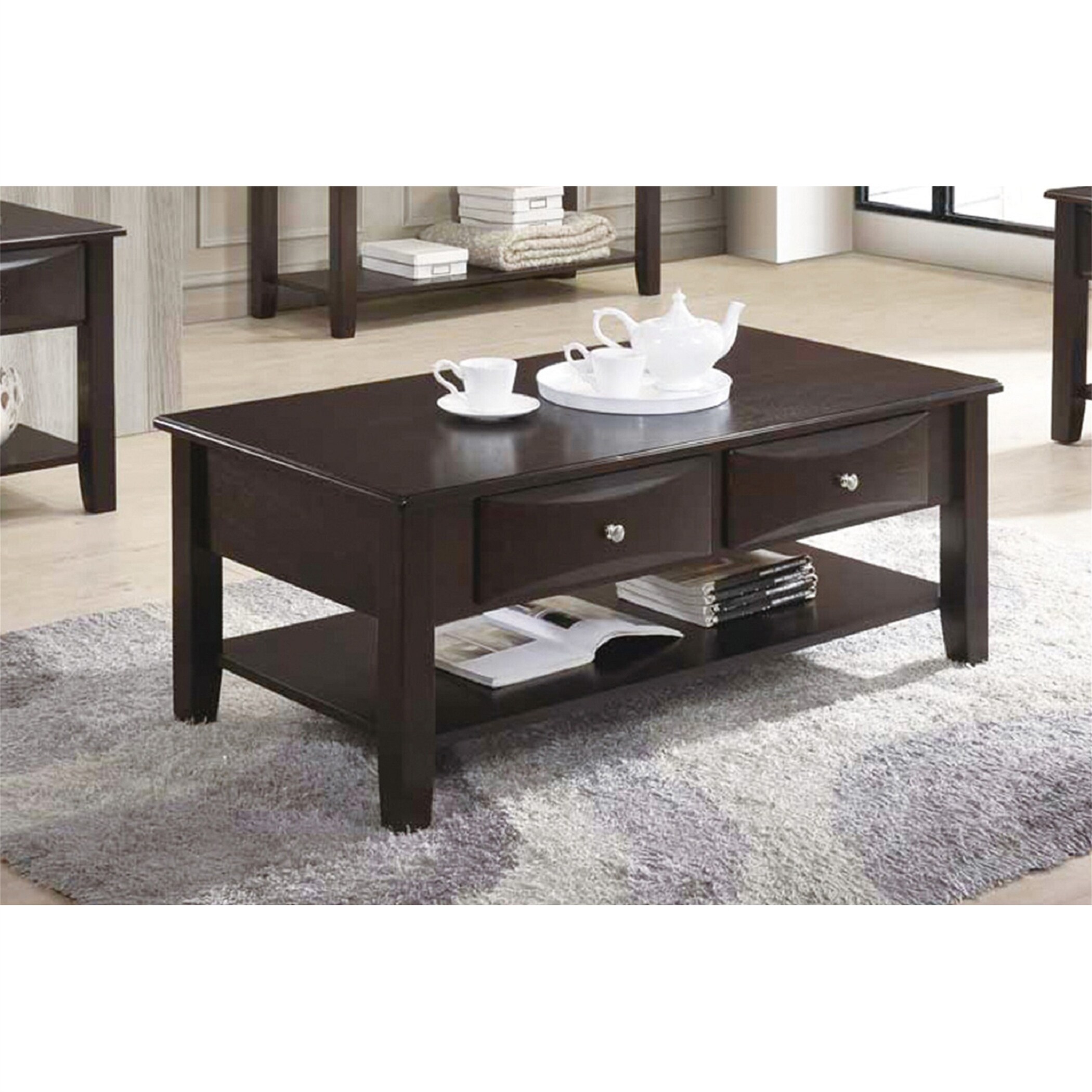 Coffee Table Rectangular Wooden End Table of Two Drawers in Brown - Mycitystee