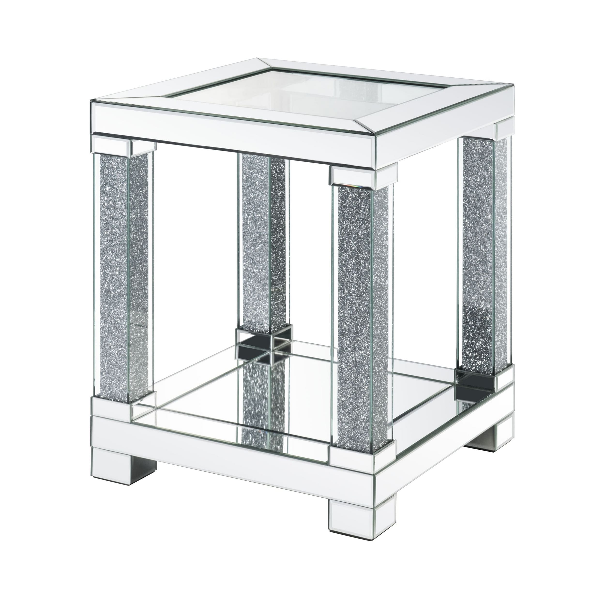 End Table with Faux Gemstone Accents and Mirrored Open Bottom Shelf， Silver - Mycitystee