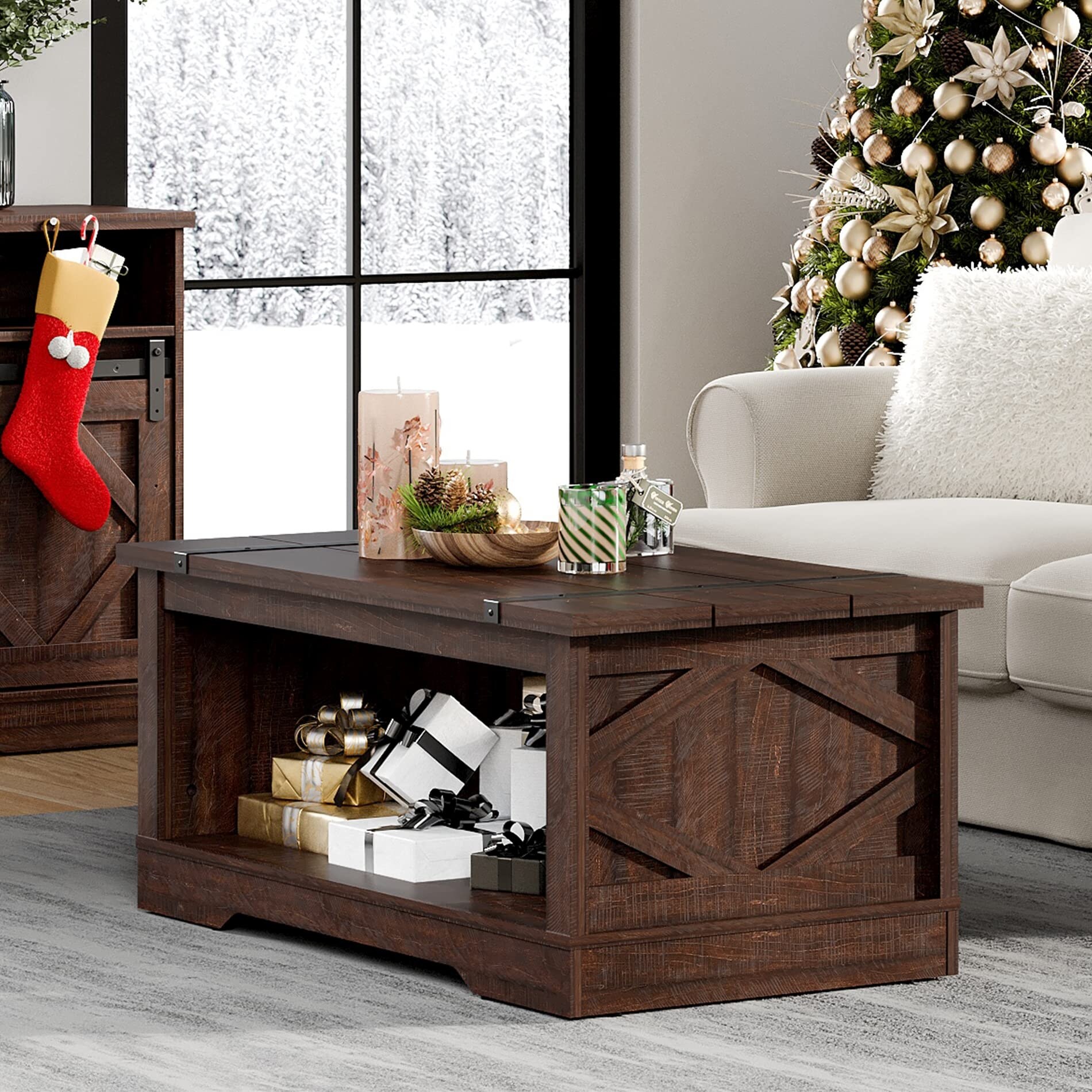 Modern Farmhouse Coffee Table， Rectangle Wood Center Table with Open Storage for Living Room， Spliced Wood Desktop - Mycitystee