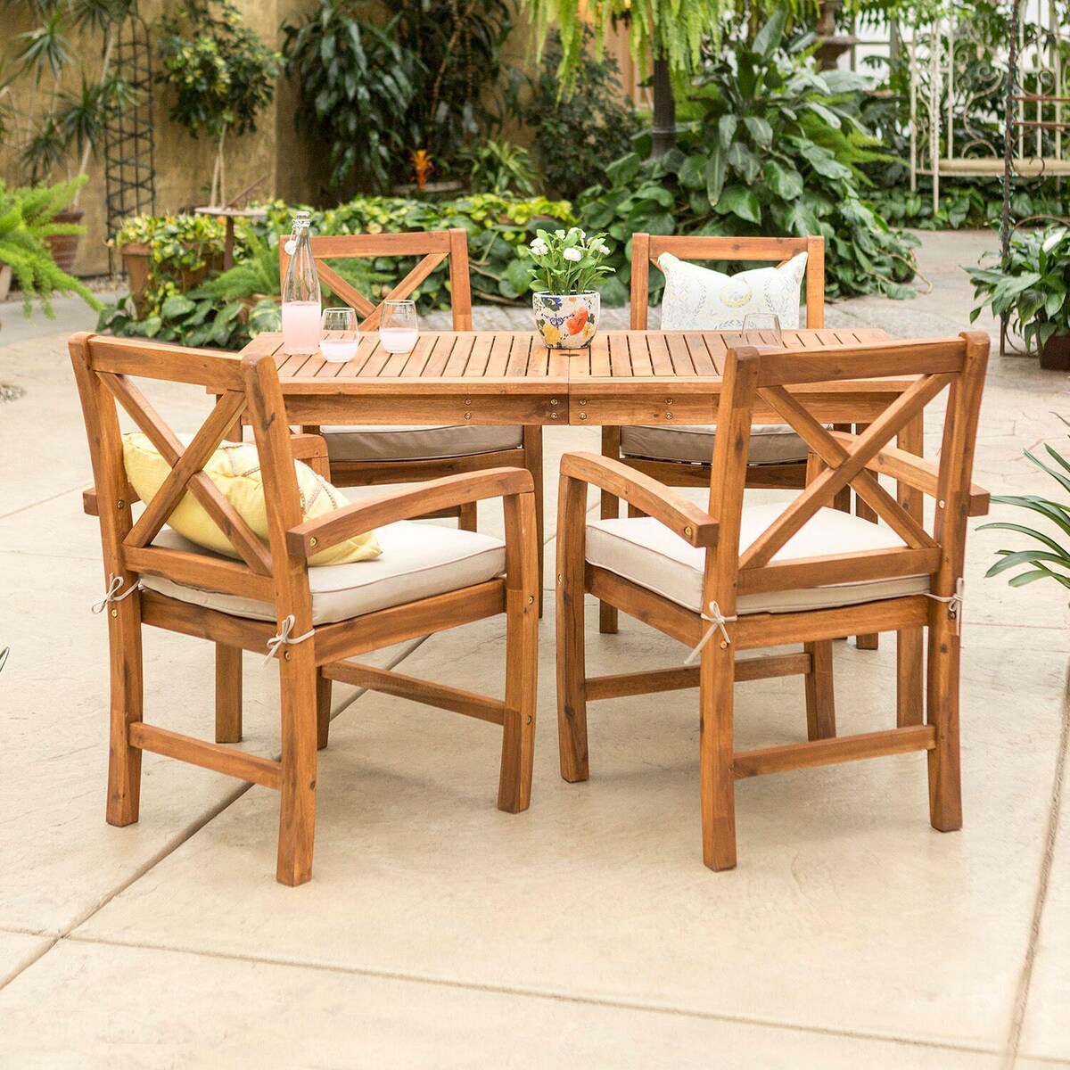 Ultimate Patio Camille Way 5 Piece Acacia Patio Dining Set W/ 60 X 34 Inch Rectangular Table and Natural Cushions - Mycitystee