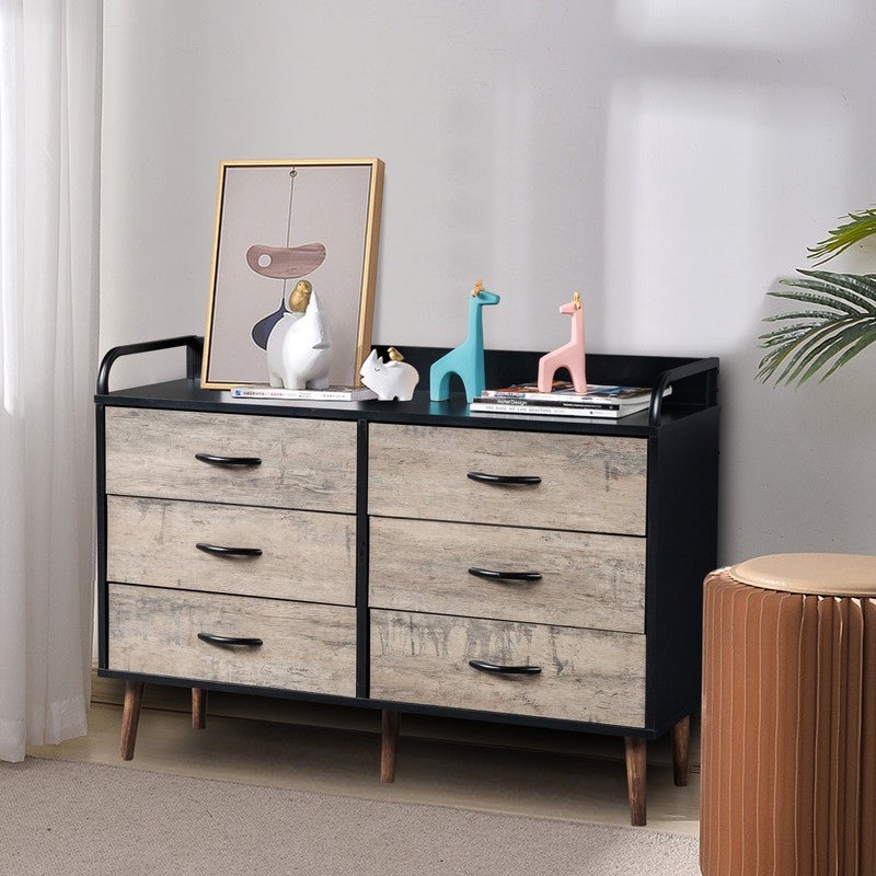 Drawer Dresser 6 Drawers Storage Dresser with Fabric Foldable Drawers， Gray and Black - - 36784046 - Mycitystee