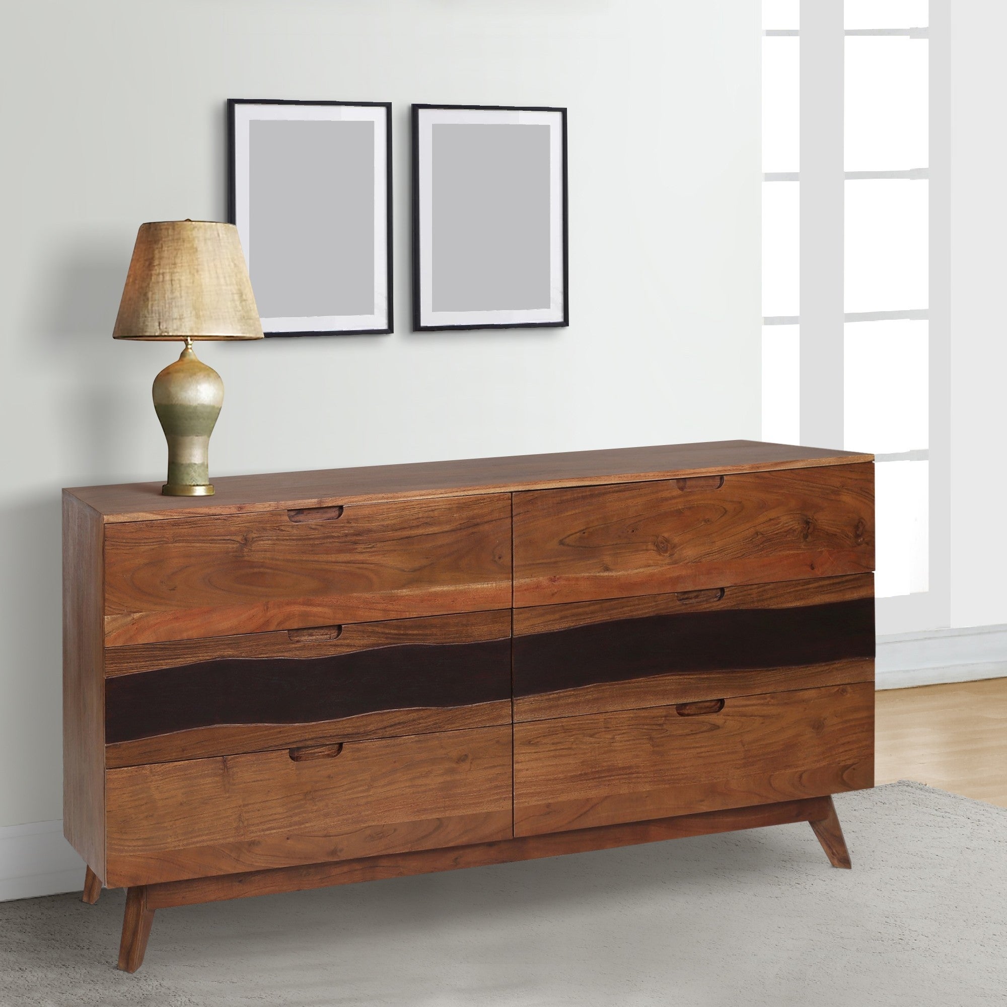 Hedy 59 Inch Long Dresser， Acacia Wood， 6 Spacious Drawers， Brown Finish - - 36969255 - Mycitystee