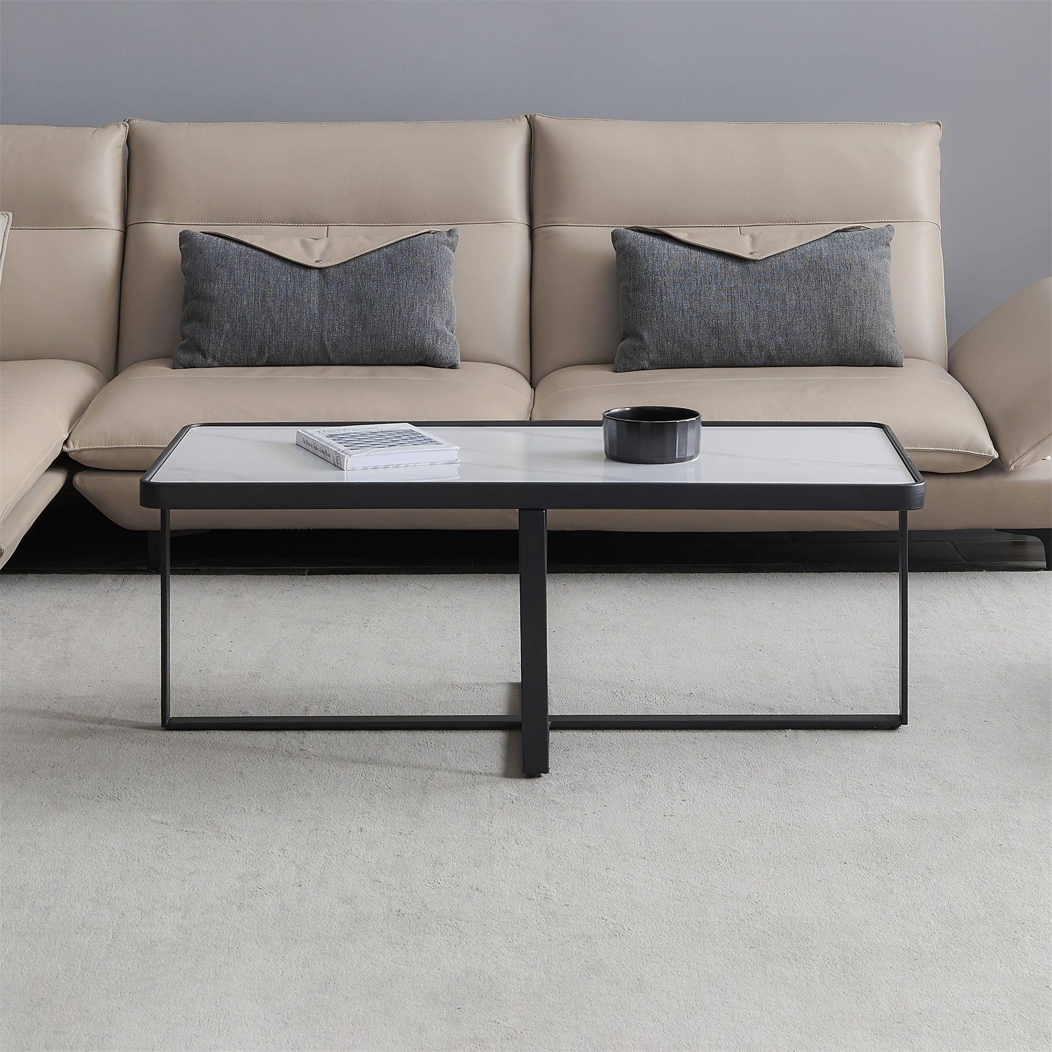 End Table Coffee Table， Black Metal Frame with Sintered Stone Tabletop - Mycitystee