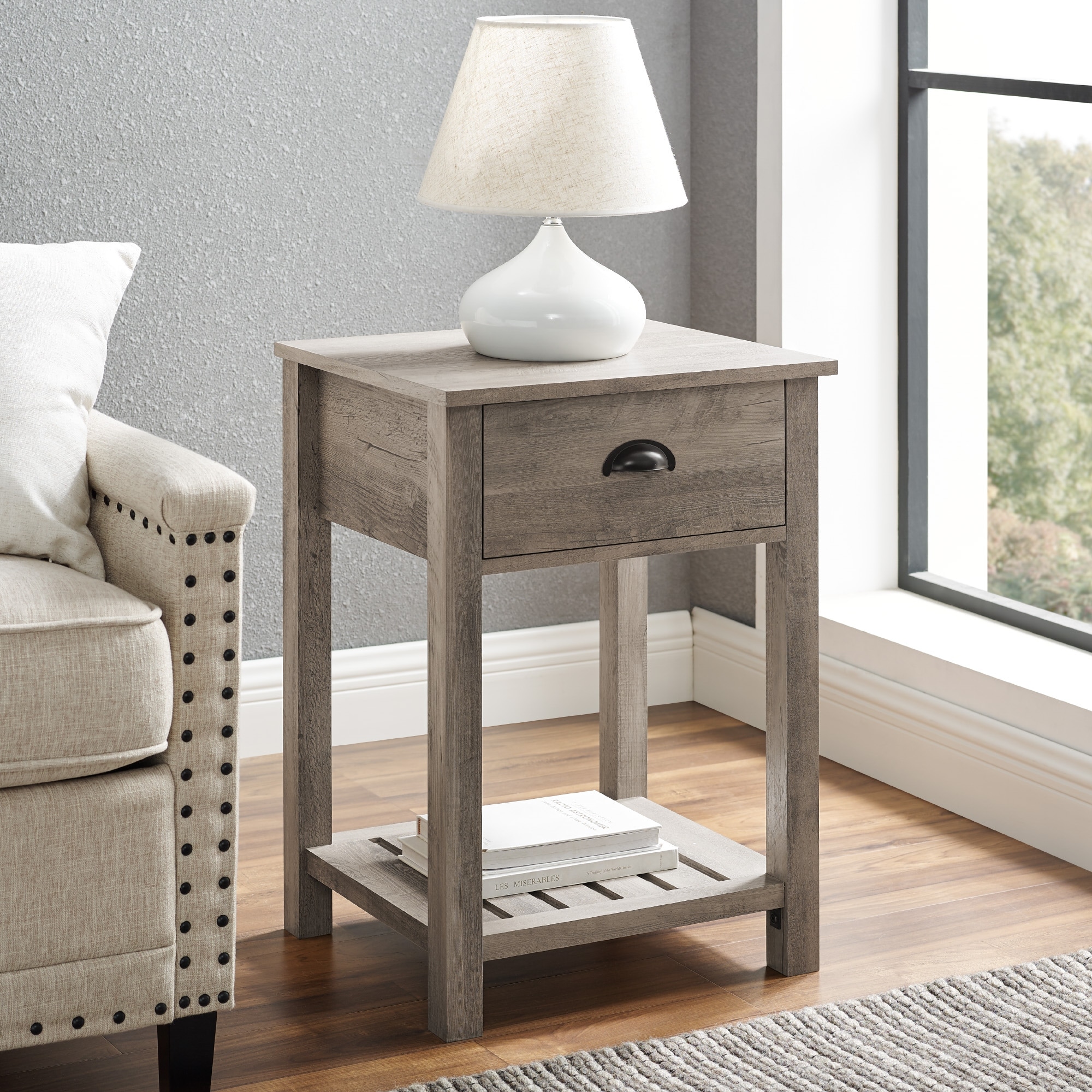 Farmhouse Single Drawer Open Shelf End Table， Grey Wash - Mycitystee