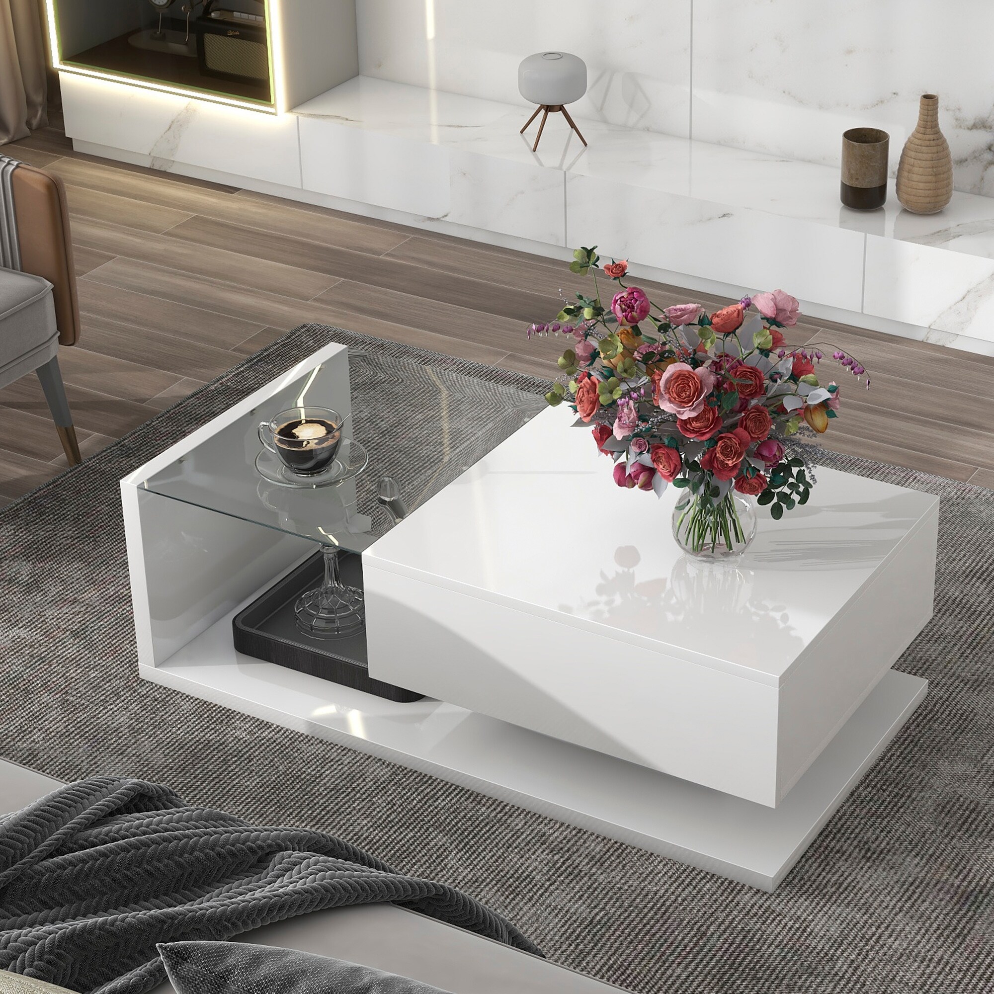 Modernist 2-Tier Coffee Table with Tempered Glass and High-Gloss UV Surface - Mycitystee