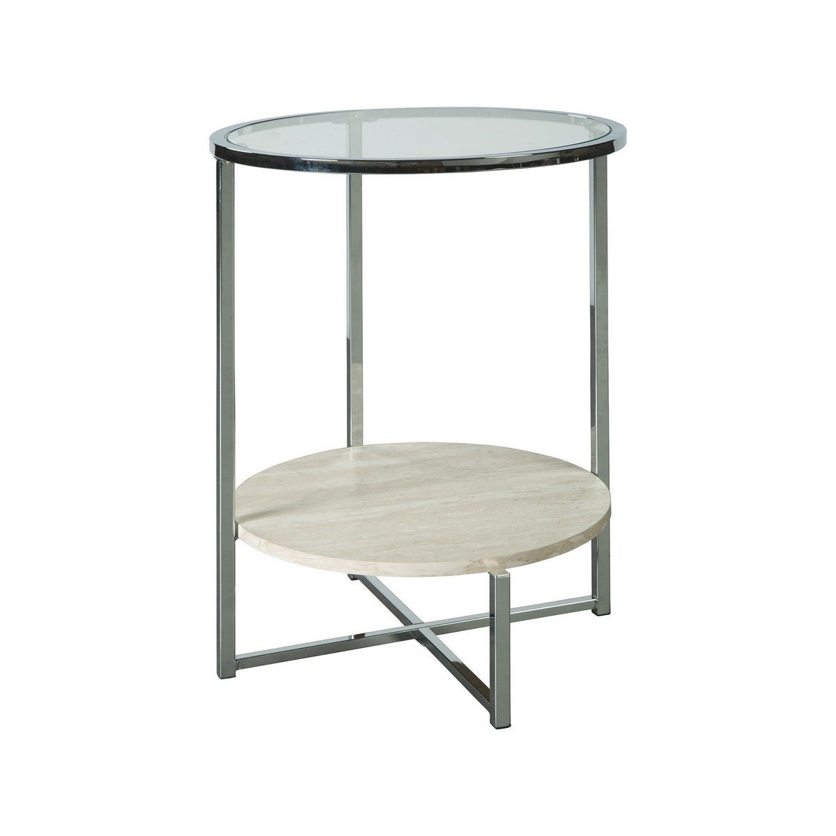 48 Inches Round Glass Top End Table with Stone Shelf， Clear and Chrome - Clear and Chrome - 24 H x 17 W x 17 L Inches - Mycitystee