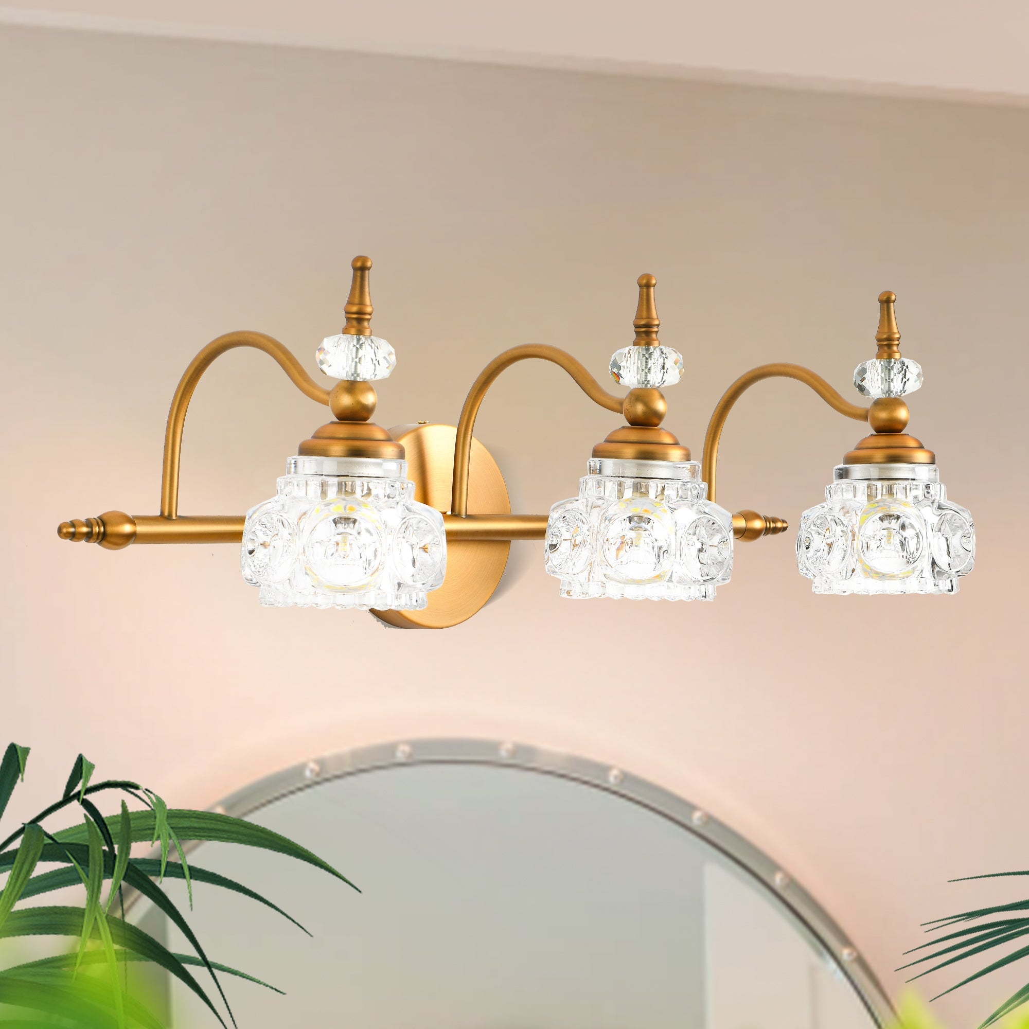 3 Lights Bathroom Lighting，Vintage Bathroom Vanity Light with Crystal Glass Shade - Mycitystee