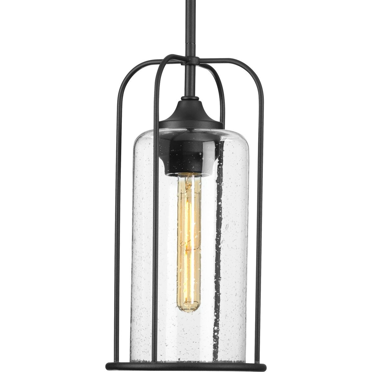 Watch Hill Collection 1-Light Textured Black Clear Seeded Glass Farmhouse Pendant Hanging Lantern Light - Mycitystee